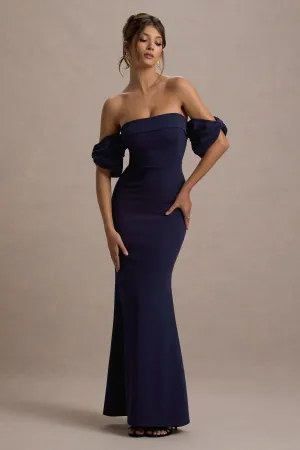 Alaine | Navy Bardot Maxi Dress With Bow Sleeves Club L London