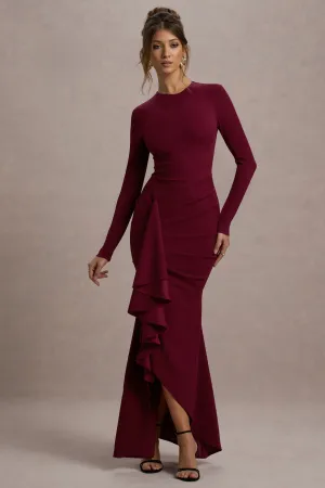 Alayna | Berry Long-Sleeve Maxi Dress With Ruffled Split Club L London