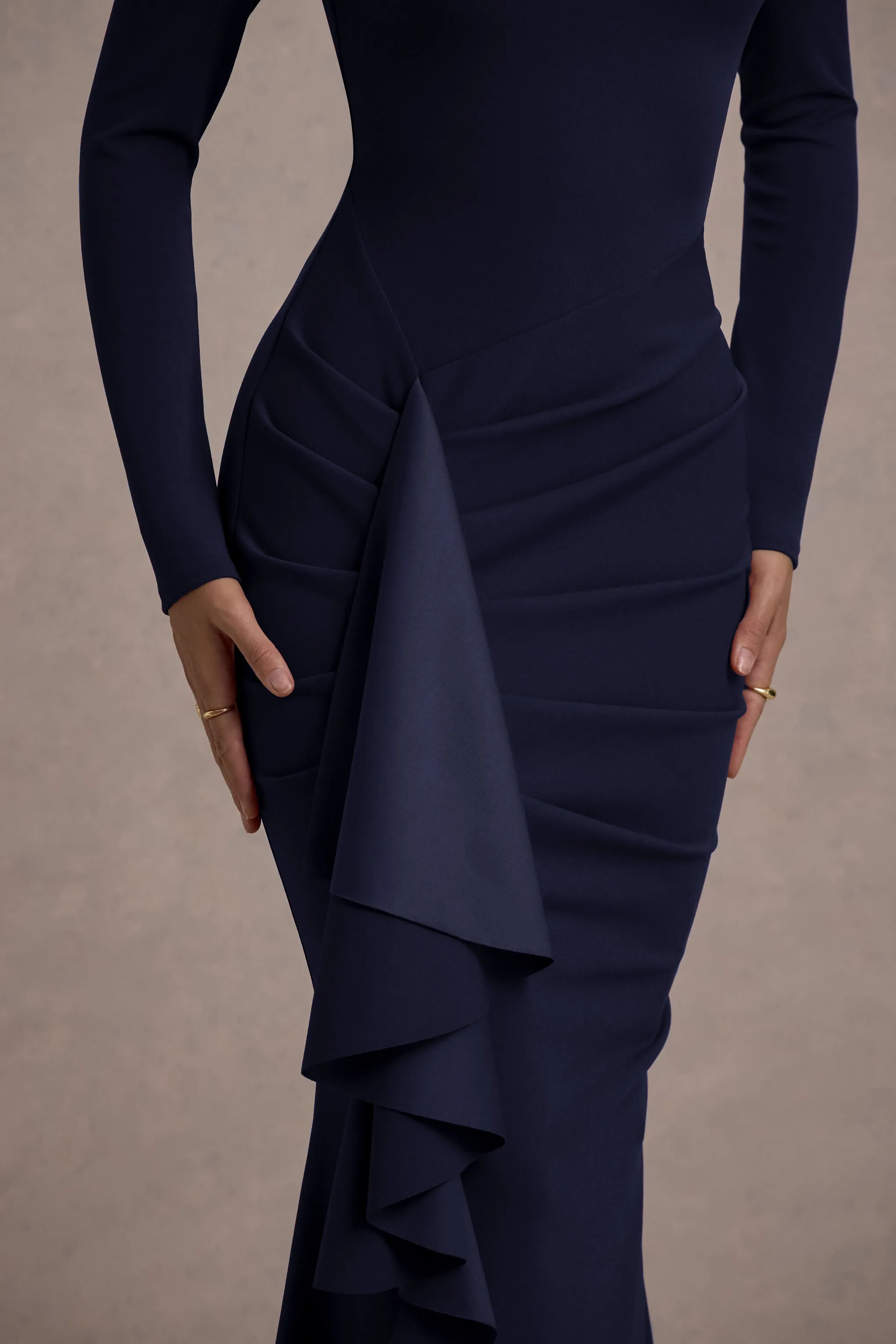 Alayna | Navy Long-Sleeve Maxi Dress With Ruffled Split Club L London