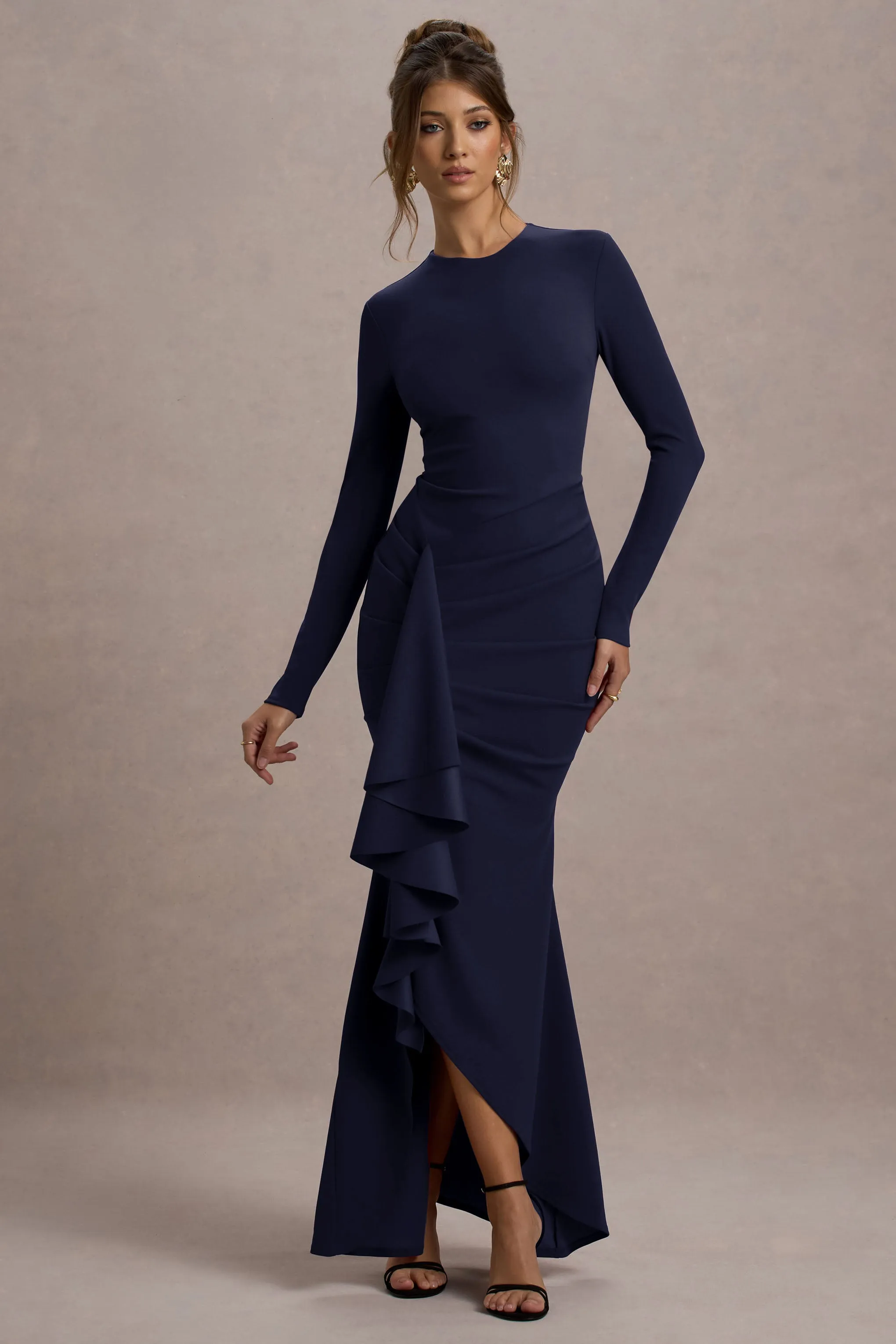 Alayna | Navy Long-Sleeve Maxi Dress With Ruffled Split Club L London