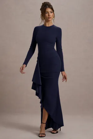 Alayna | Navy Long-Sleeve Maxi Dress With Ruffled Split Club L London