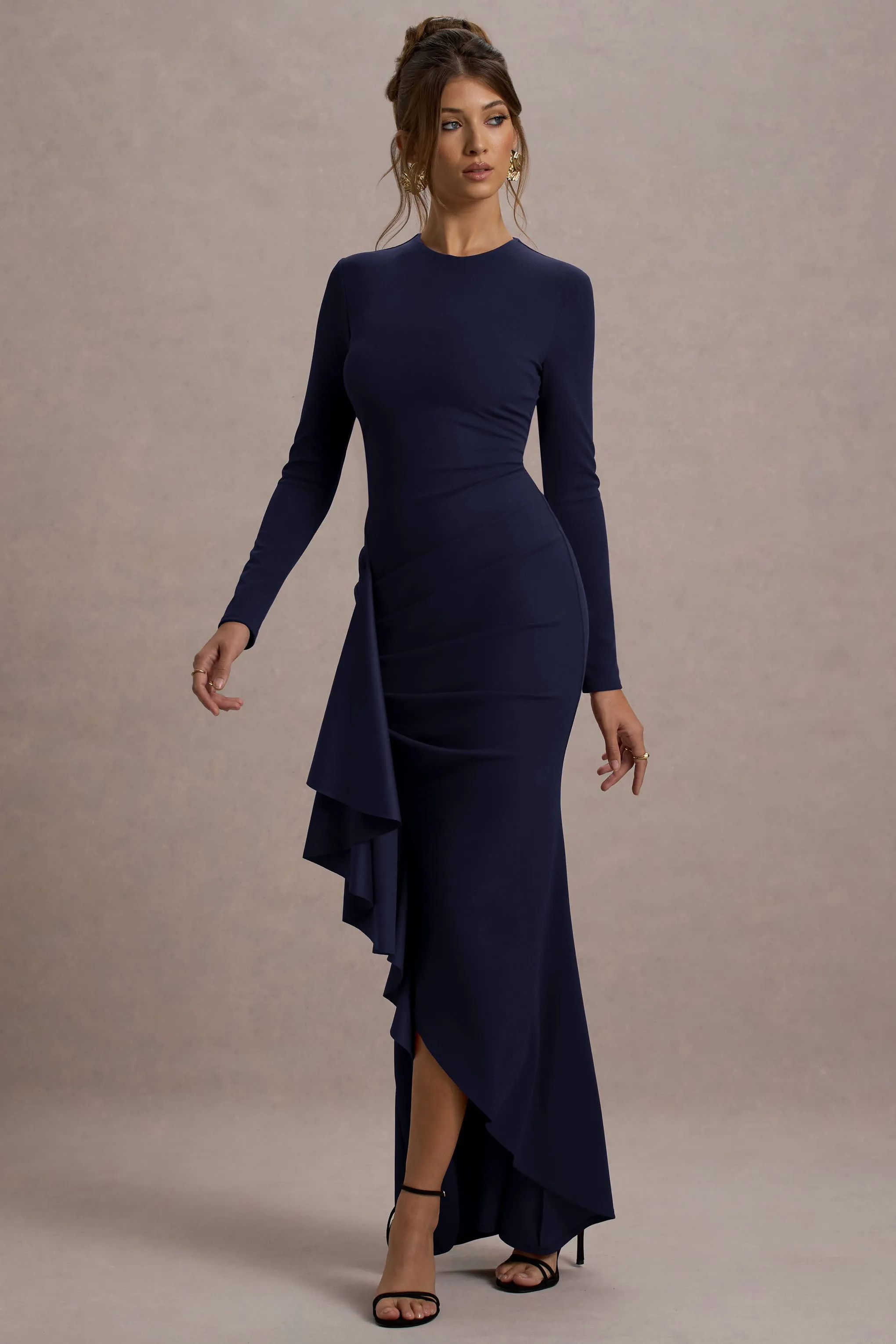 Alayna | Navy Long-Sleeve Maxi Dress With Ruffled Split Club L London
