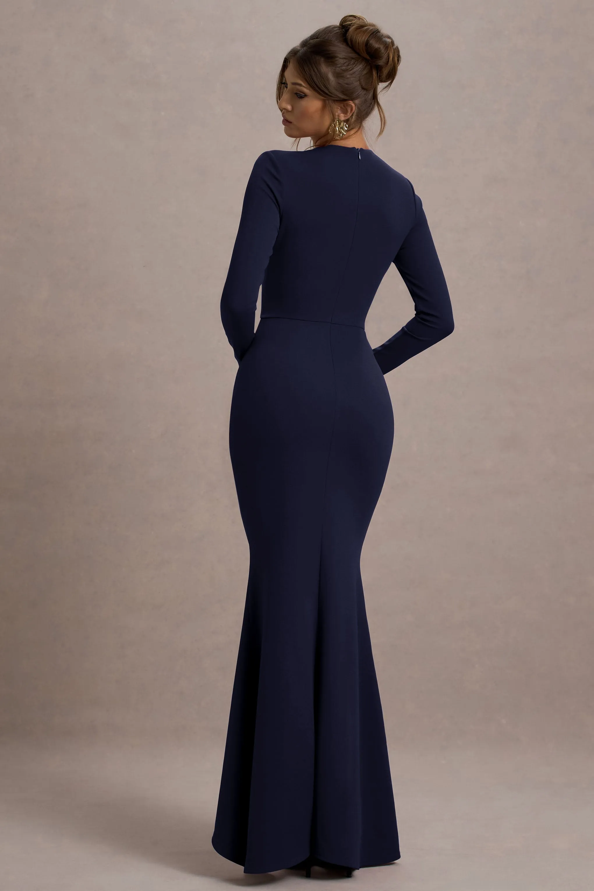 Alayna | Navy Long-Sleeve Maxi Dress With Ruffled Split Club L London