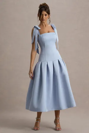 Alberta | Powder Blue Satin Midi Dress With Bow Straps Club L London