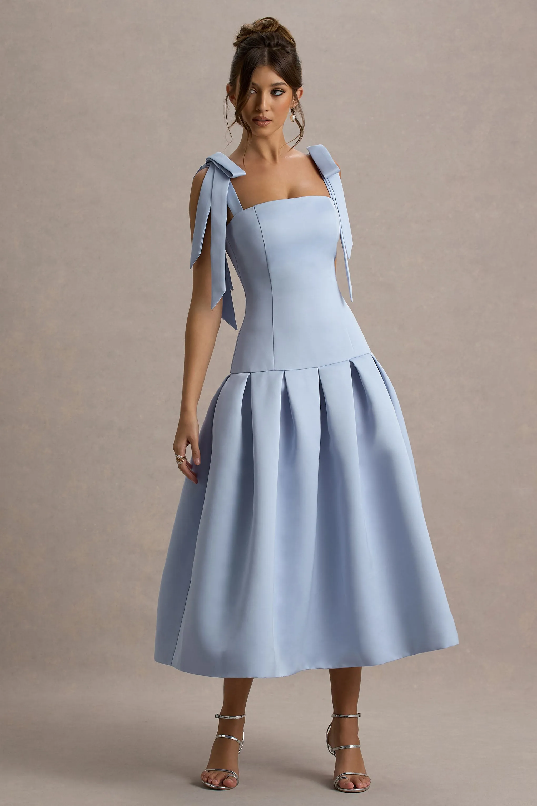 Alberta | Powder Blue Satin Midi Dress With Bow Straps Club L London