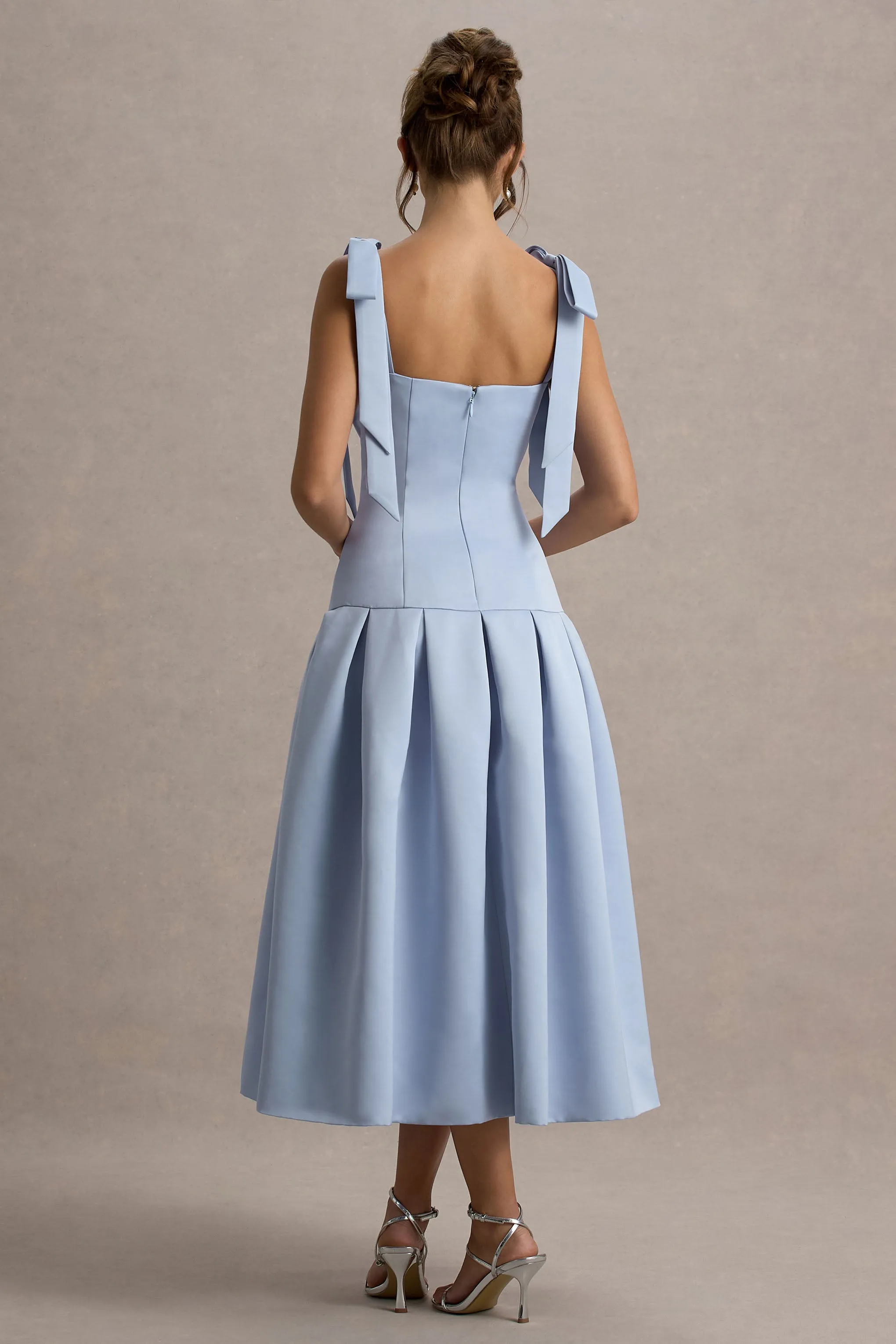 Alberta | Powder Blue Satin Midi Dress With Bow Straps Club L London