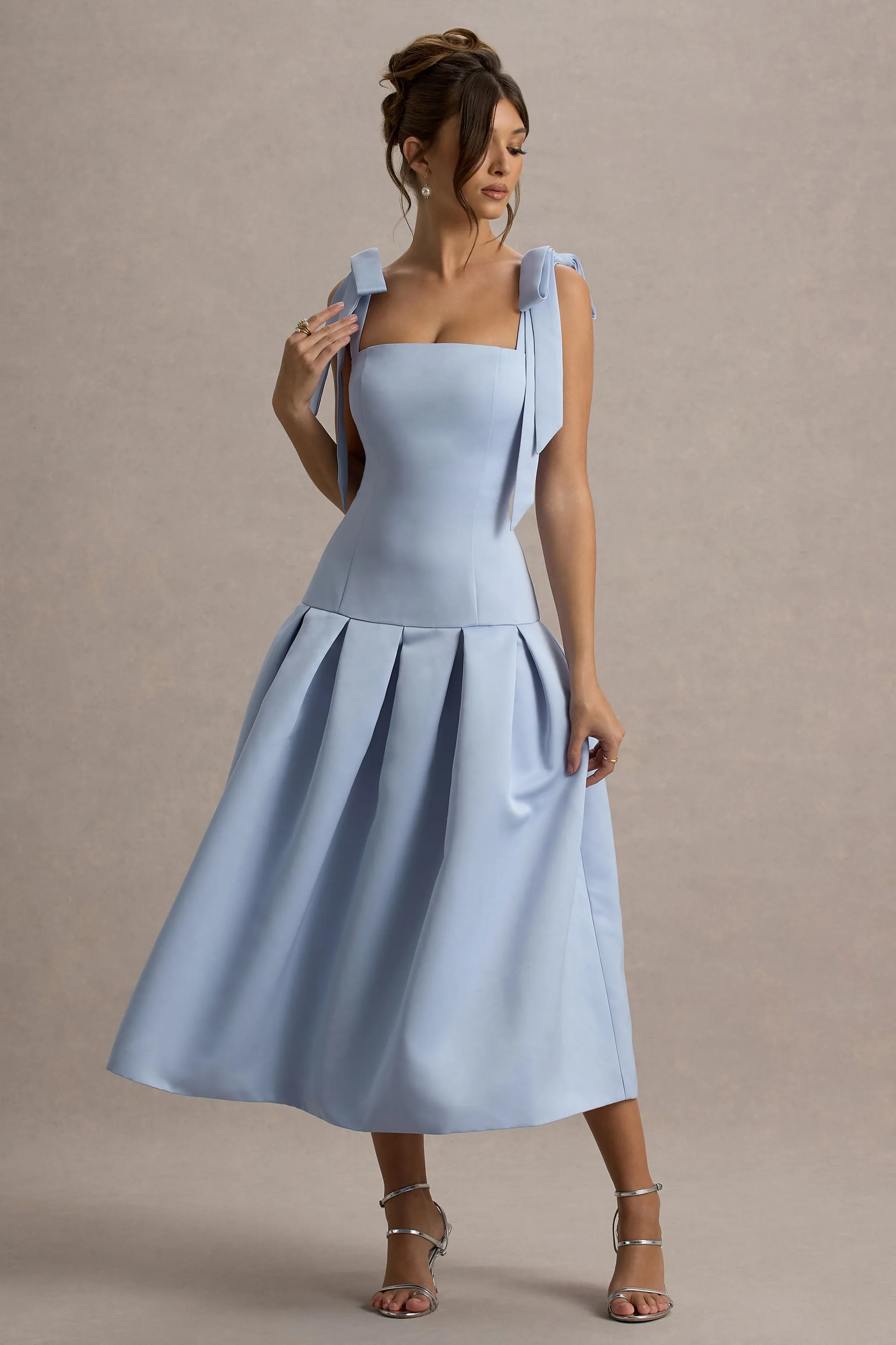 Alberta | Powder Blue Satin Midi Dress With Bow Straps Club L London