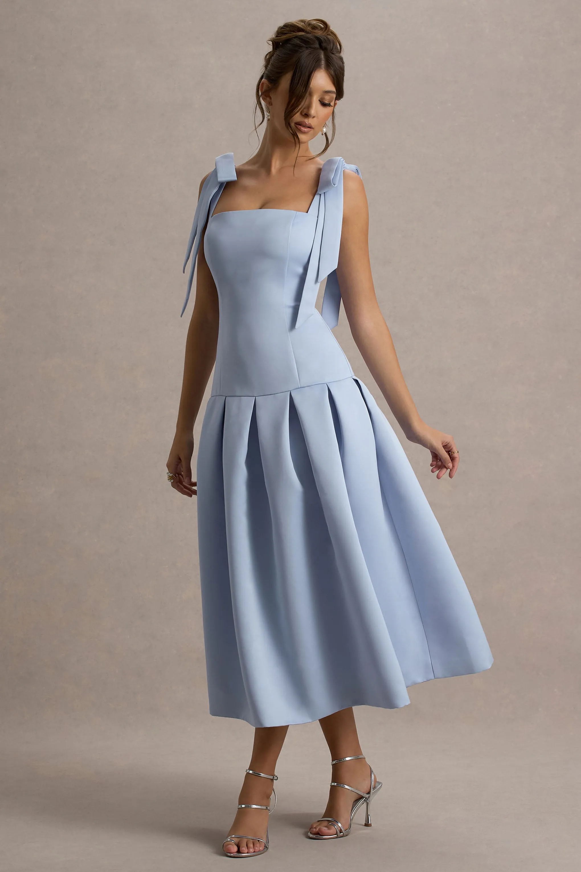 Alberta | Powder Blue Satin Midi Dress With Bow Straps Club L London