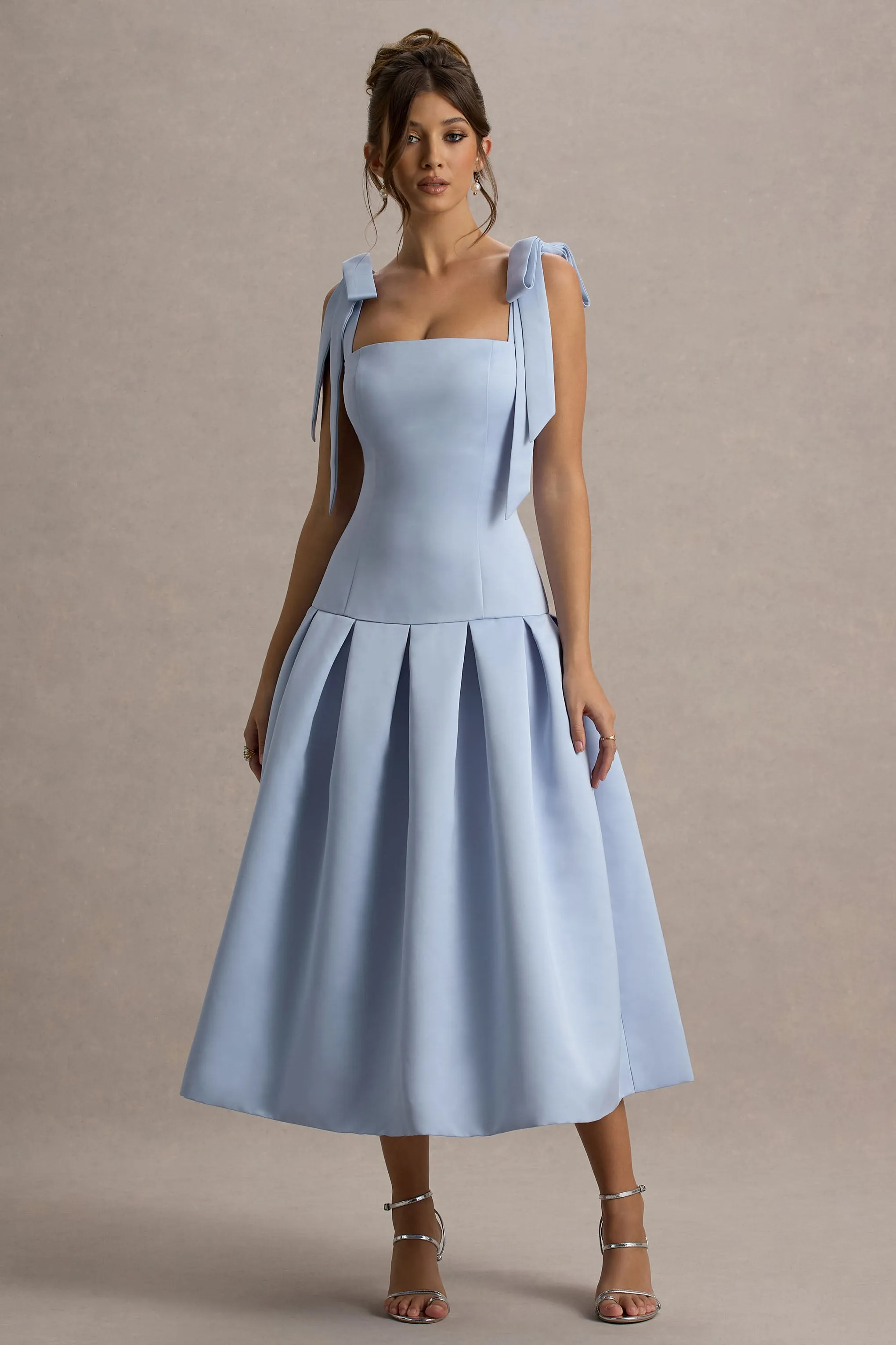 Alberta | Powder Blue Satin Midi Dress With Bow Straps Club L London