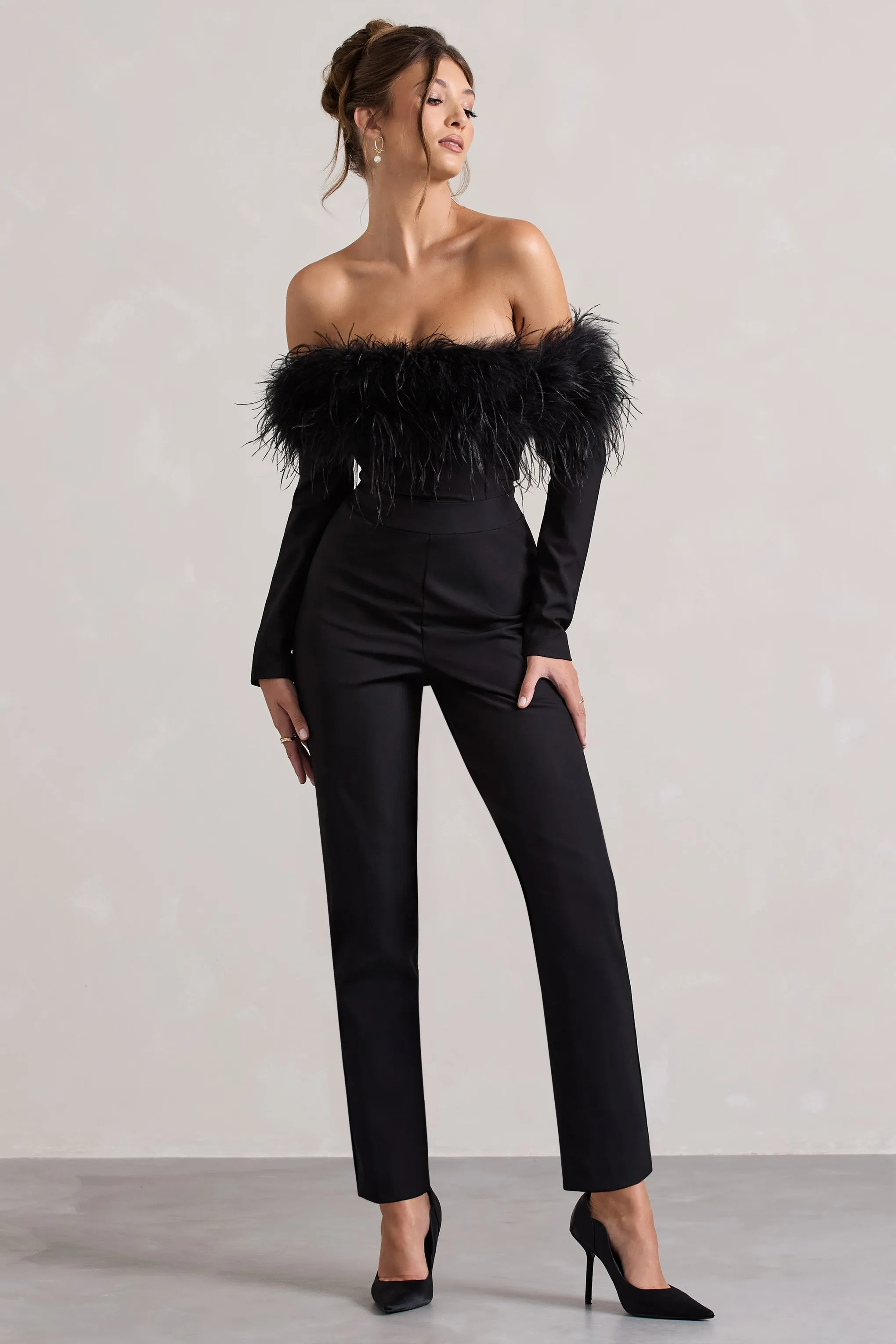 Ales | Black Bardot Tailored Straight-Leg Jumpsuit With Feather Trim Club L London