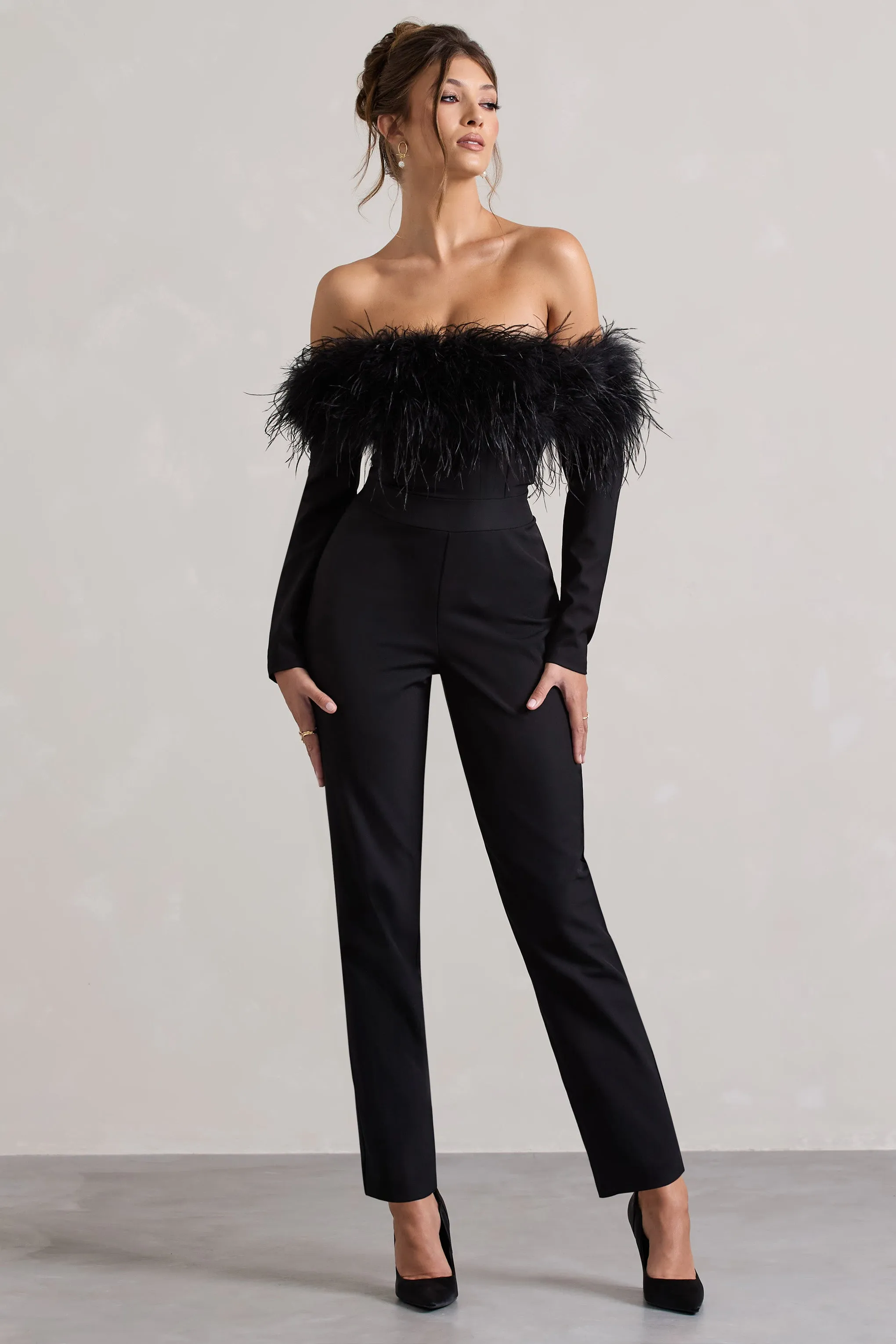 Ales | Black Bardot Tailored Straight-Leg Jumpsuit With Feather Trim Club L London