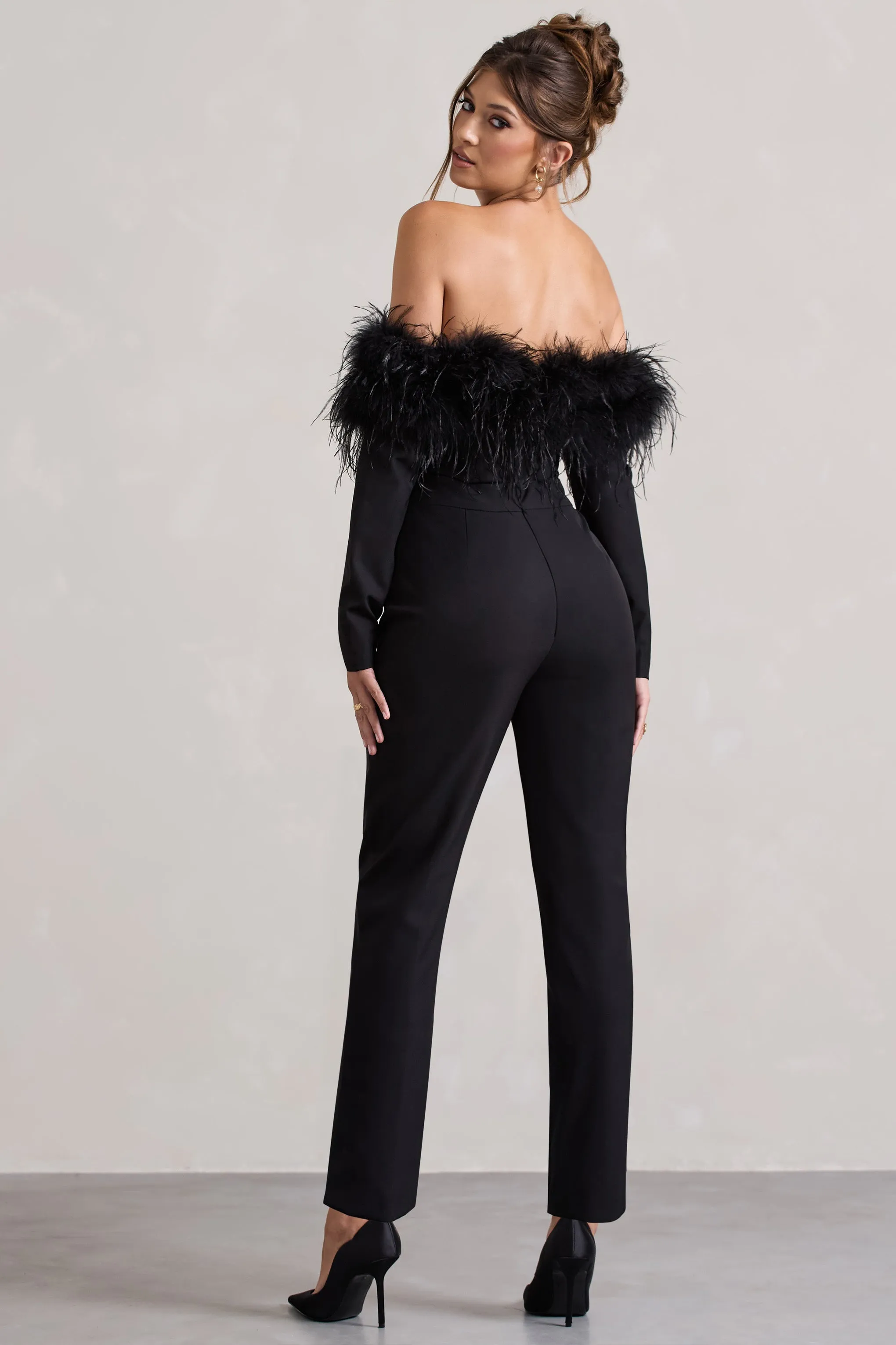 Ales | Black Bardot Tailored Straight-Leg Jumpsuit With Feather Trim Club L London