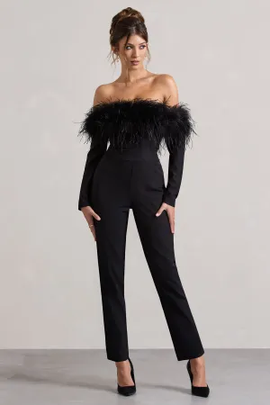Ales | Black Bardot Tailored Straight-Leg Jumpsuit With Feather Trim Club L London