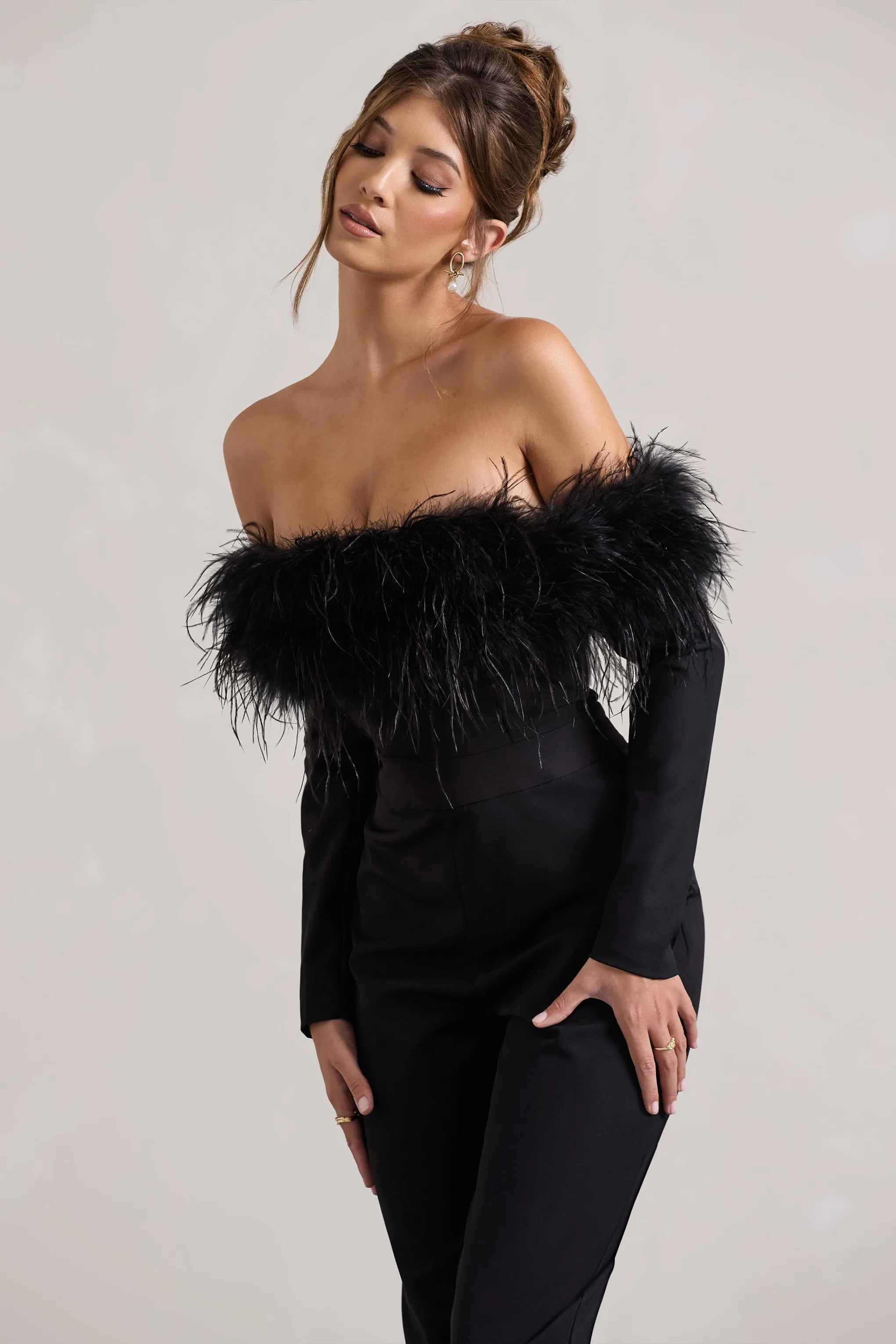 Ales | Black Bardot Tailored Straight-Leg Jumpsuit With Feather Trim Club L London