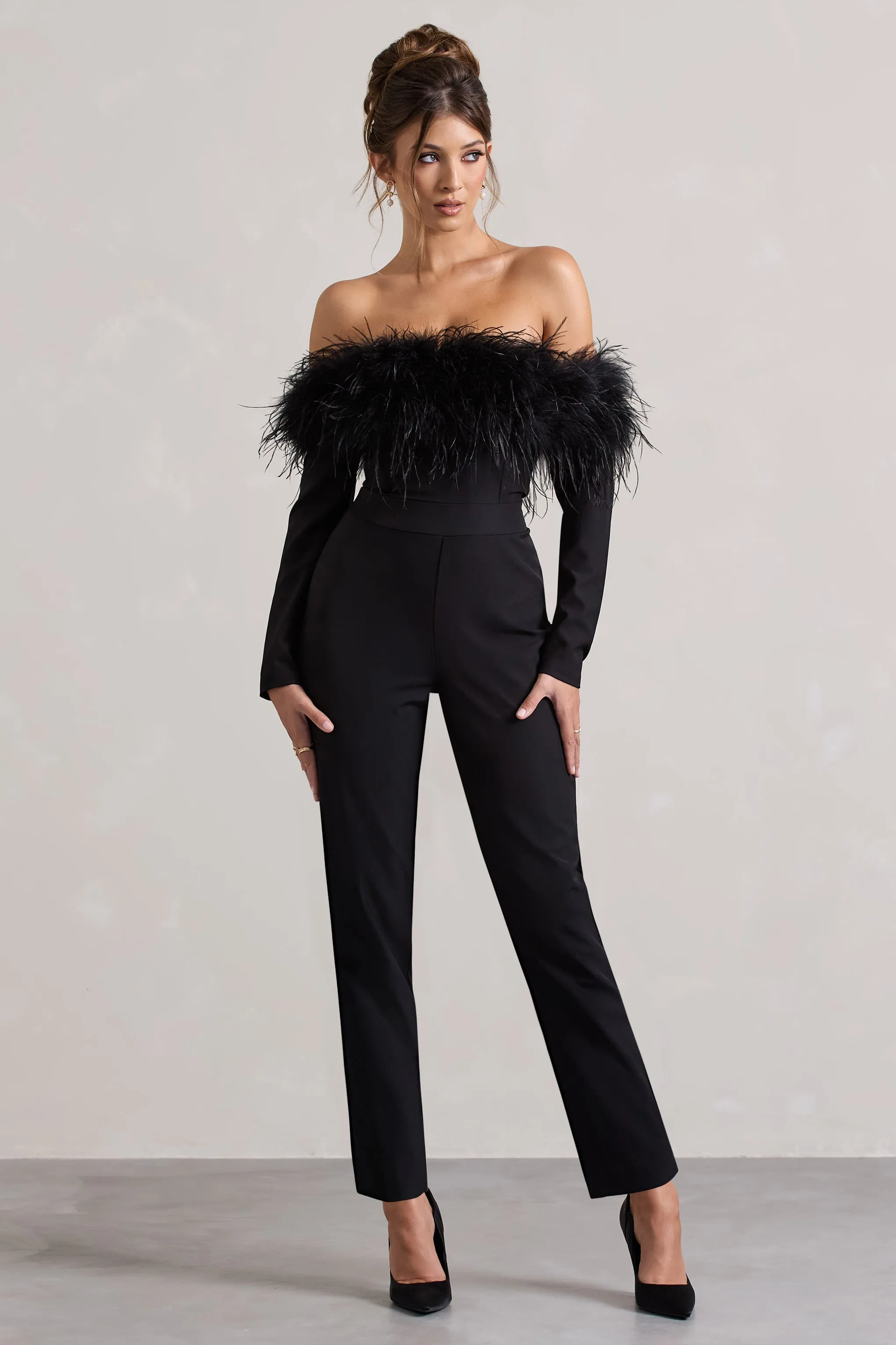 Ales | Black Bardot Tailored Straight-Leg Jumpsuit With Feather Trim Club L London