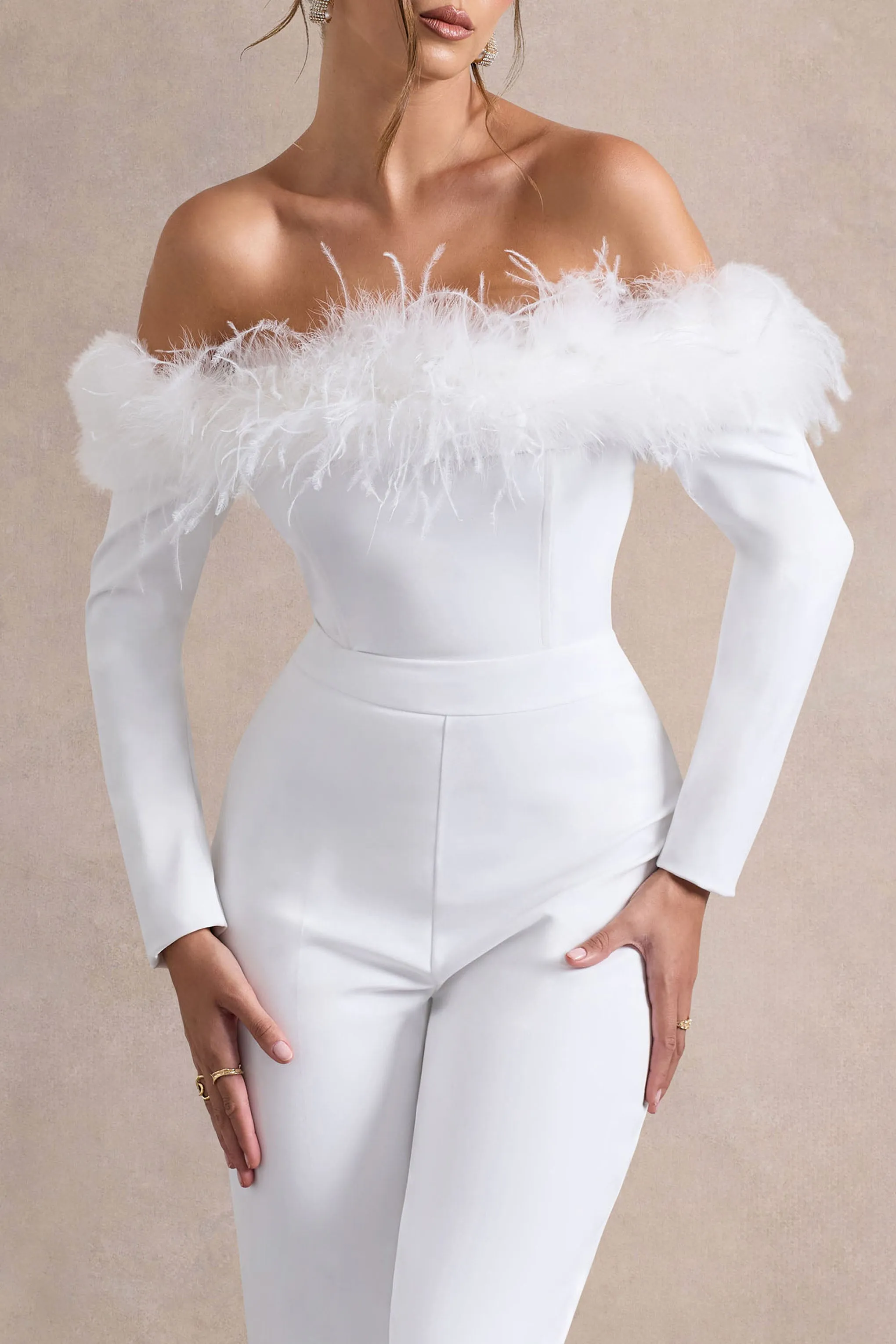 Ales | White Bardot Tailored Straight-Leg Jumpsuit With Feather Trim Club L London