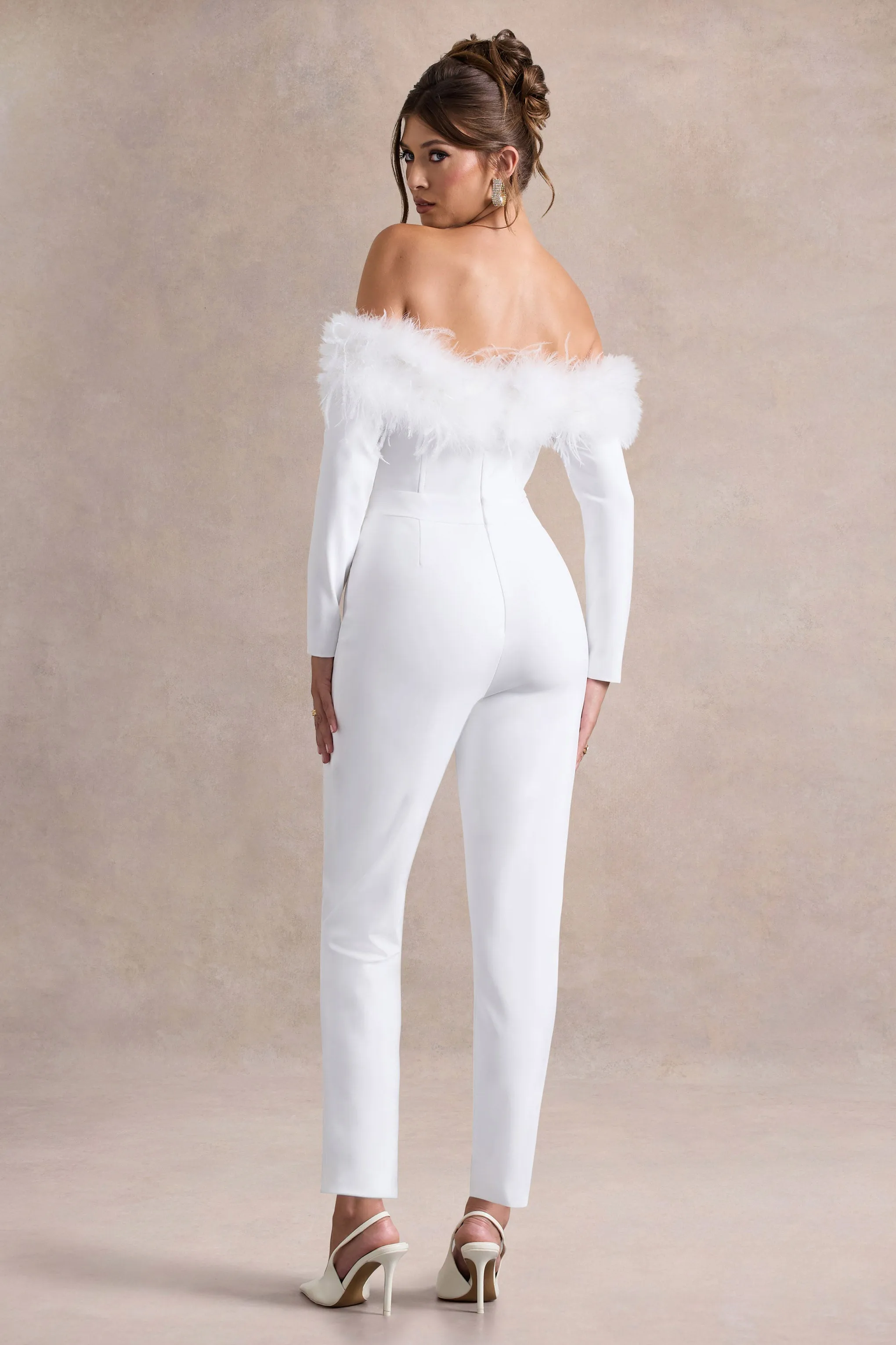 Ales | White Bardot Tailored Straight-Leg Jumpsuit With Feather Trim Club L London