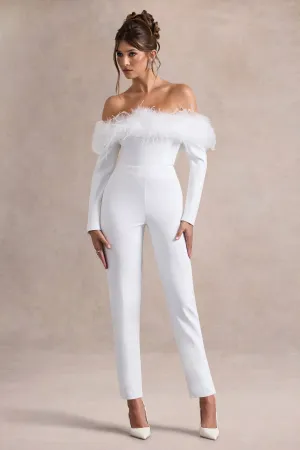 Ales | White Bardot Tailored Straight-Leg Jumpsuit With Feather Trim Club L London