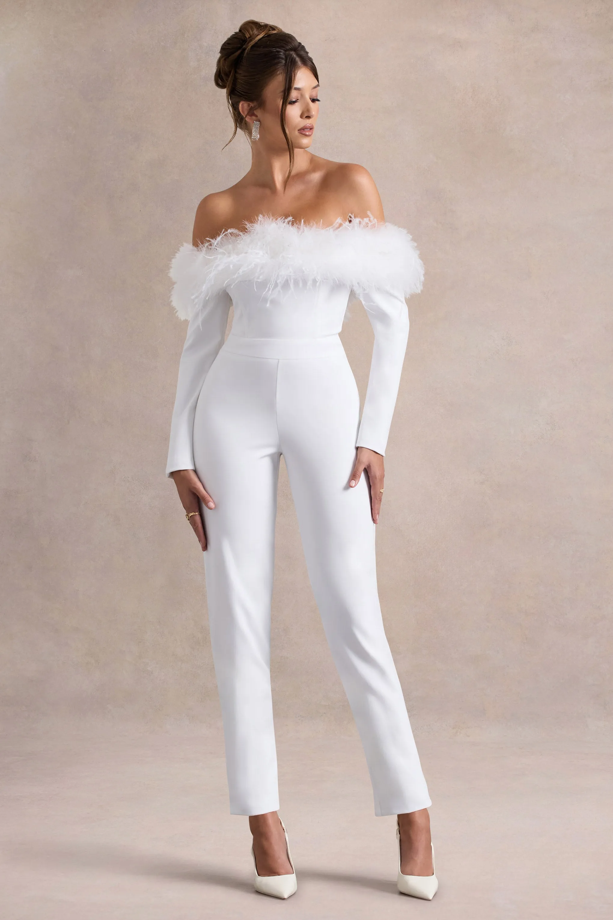 Ales | White Bardot Tailored Straight-Leg Jumpsuit With Feather Trim Club L London