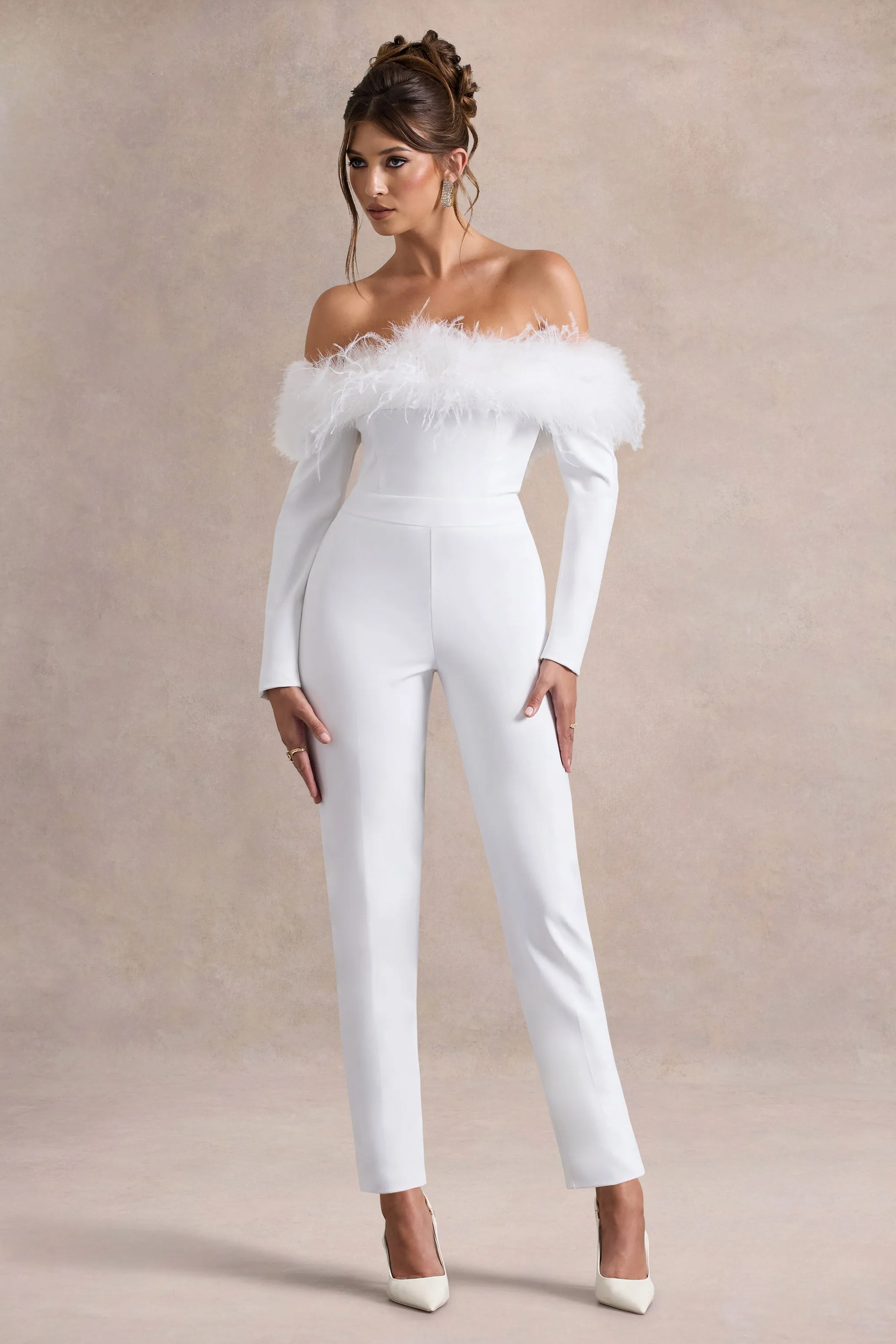 Ales | White Bardot Tailored Straight-Leg Jumpsuit With Feather Trim Club L London
