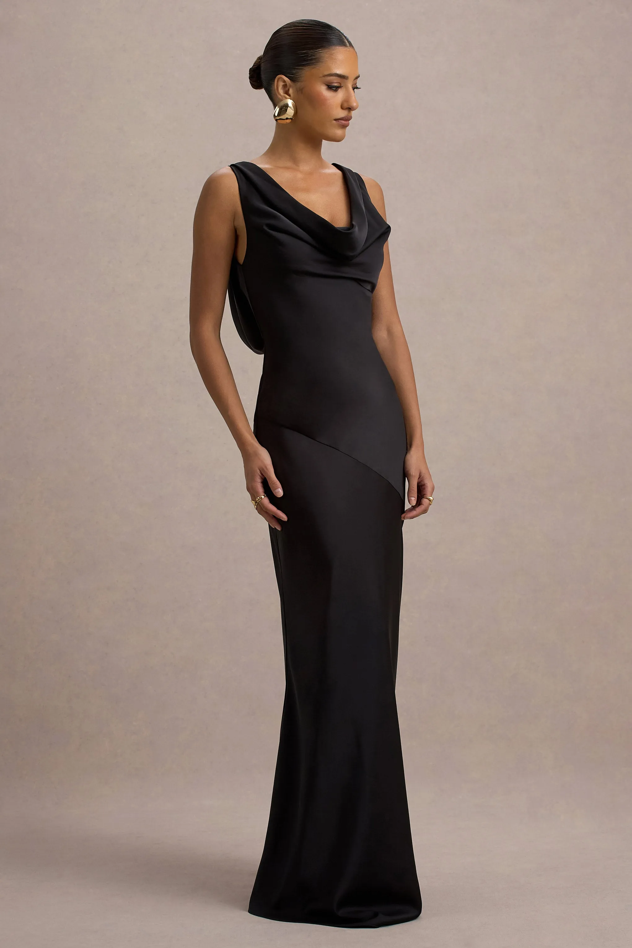 Alesso | Black Satin Cowl-Neck Maxi Dress Club L London