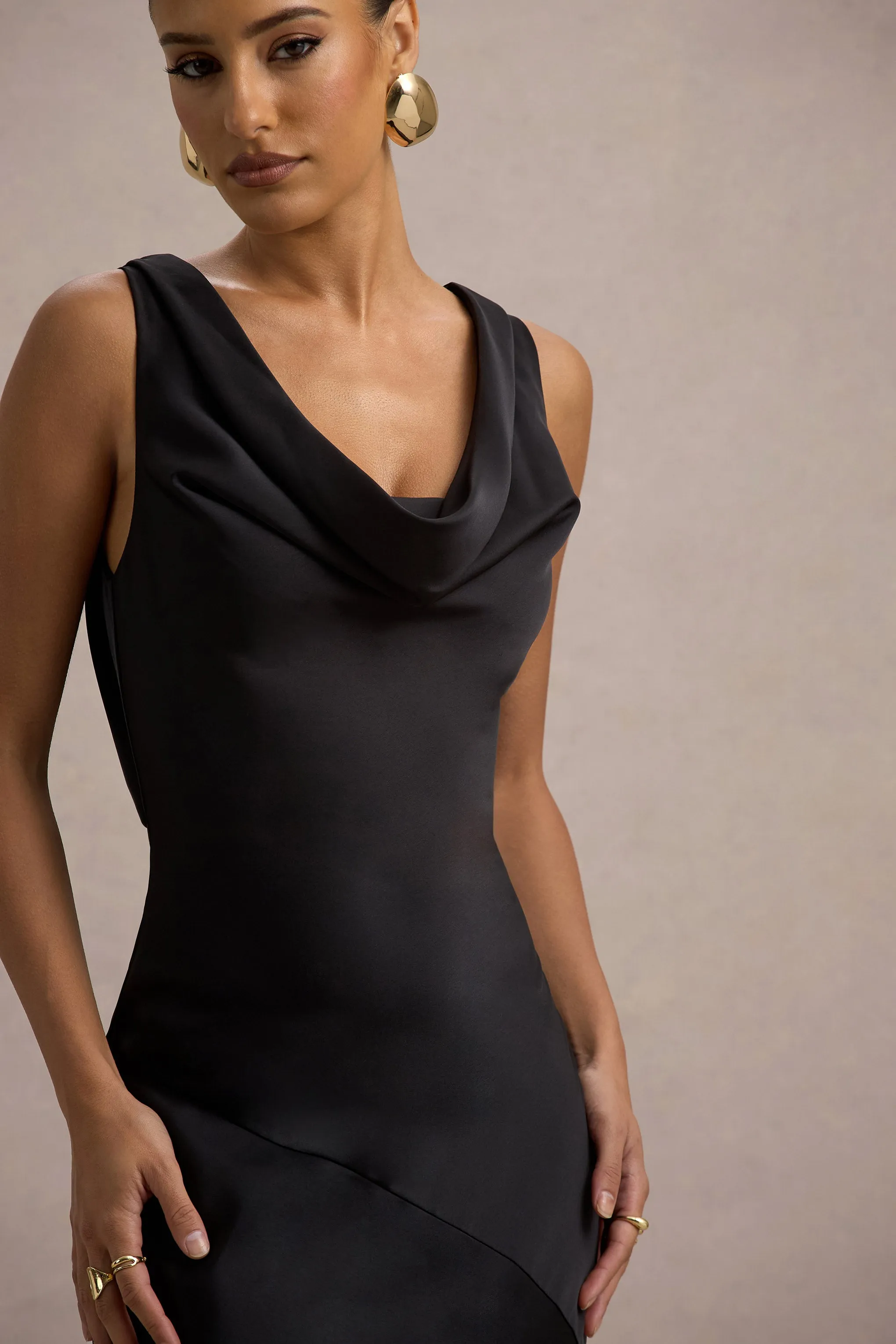 Alesso | Black Satin Cowl-Neck Maxi Dress Club L London