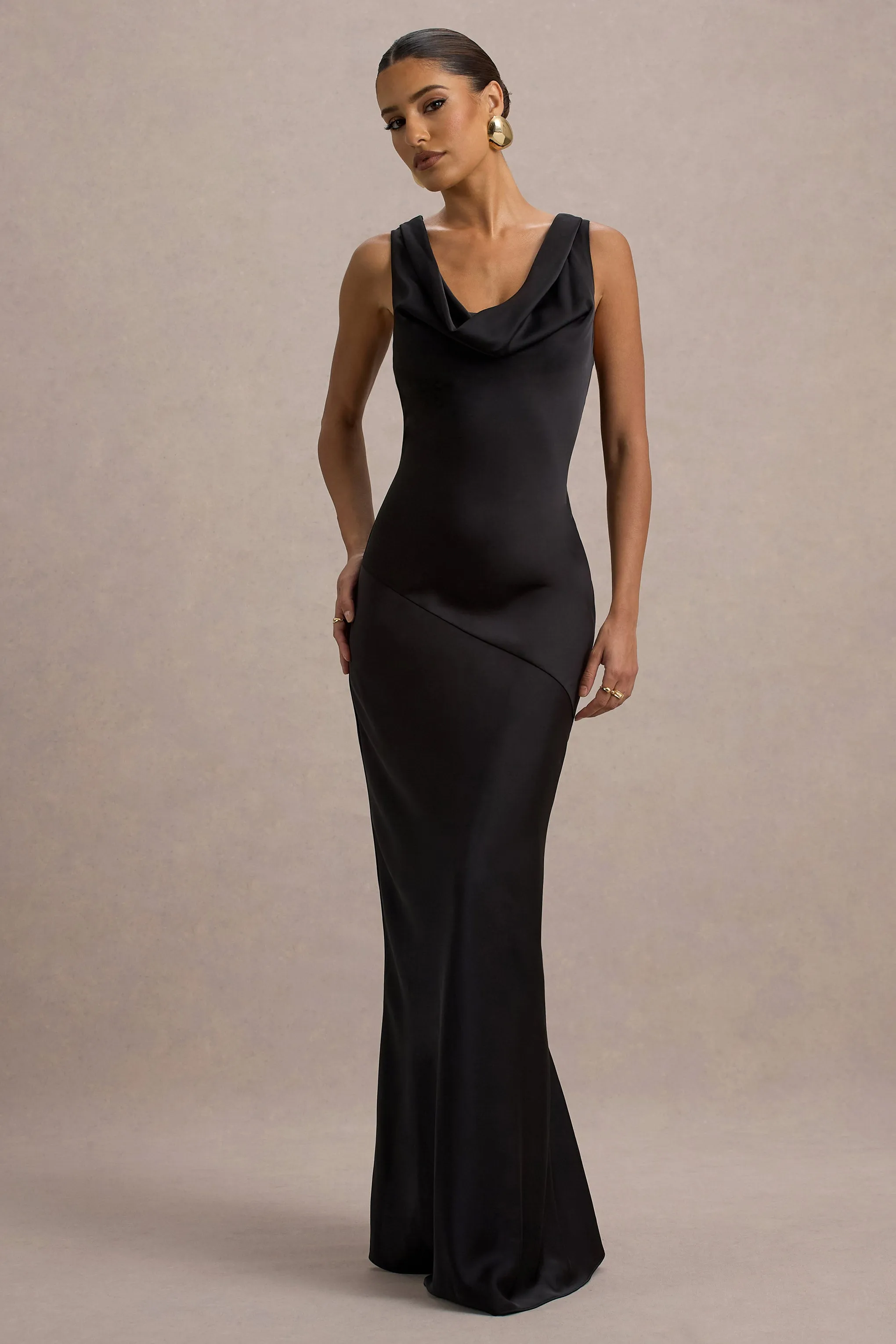 Alesso | Black Satin Cowl-Neck Maxi Dress Club L London