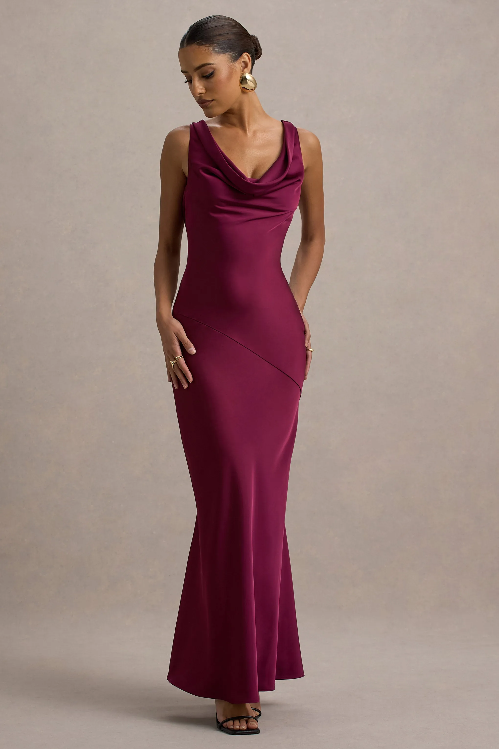 Alesso | Burgundy Satin Cowl-Neck Maxi Dress Club L London