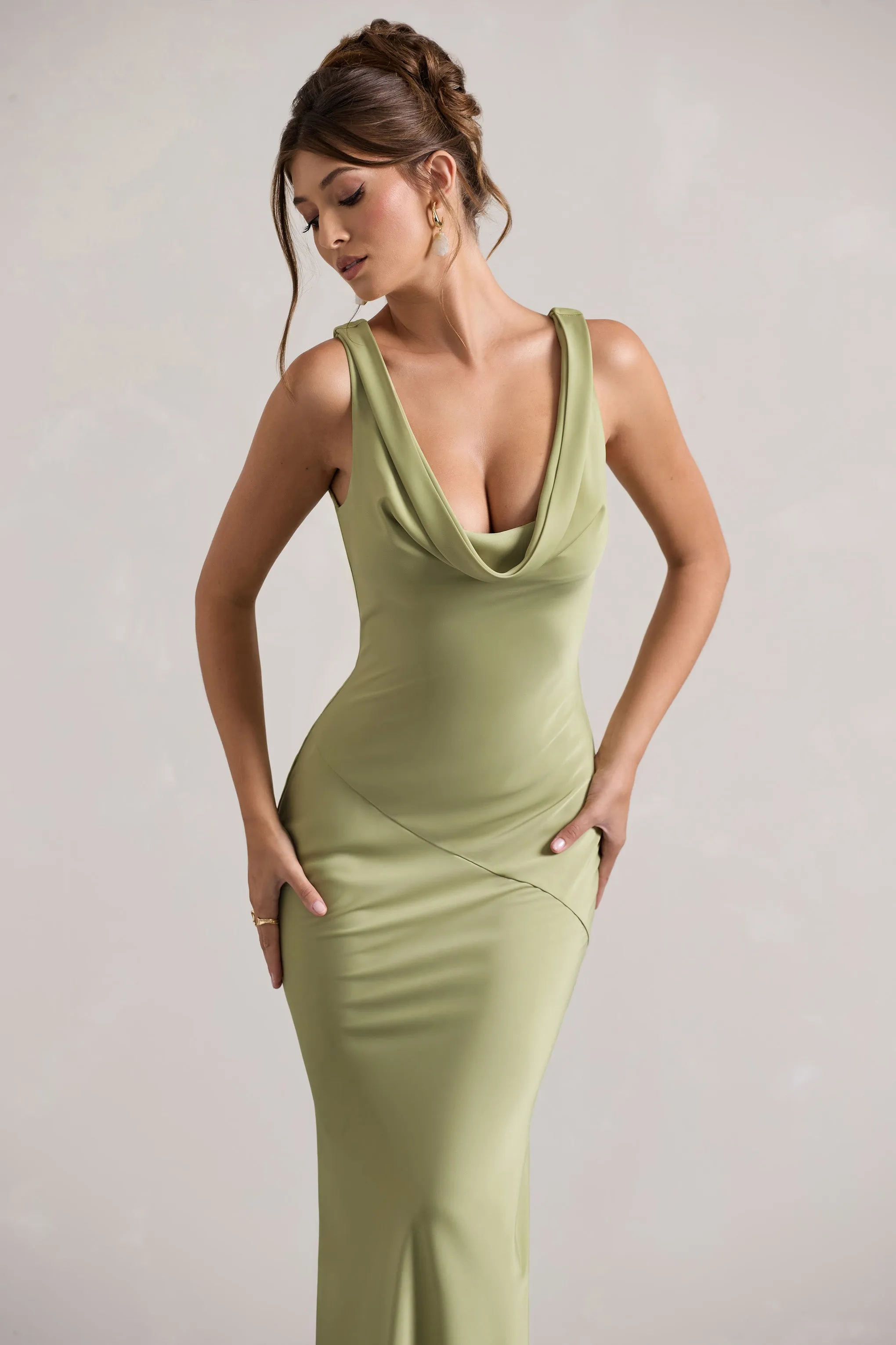 Alesso | Light Olive Satin Cowl-Neck Maxi Dress Club L London