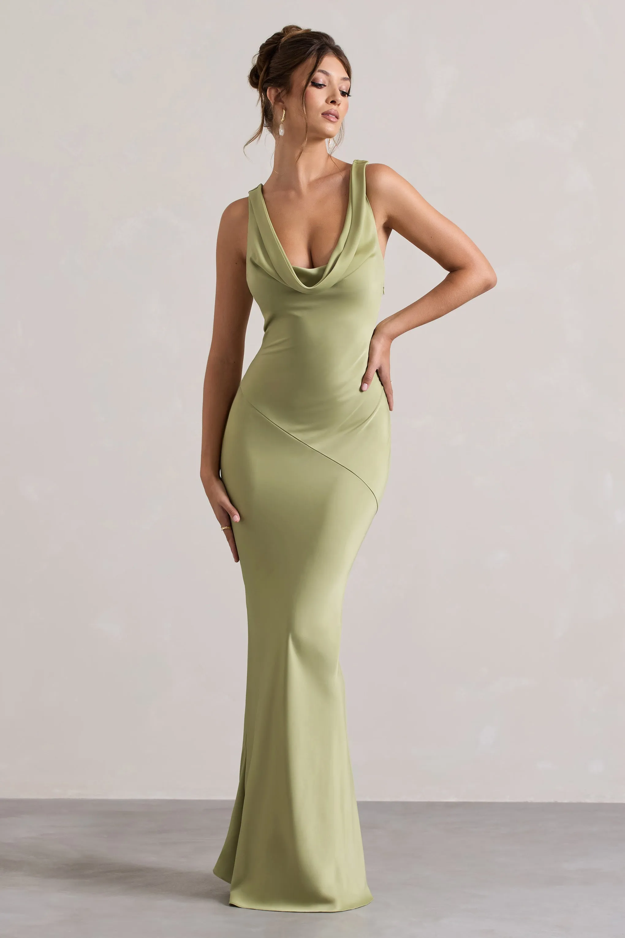 Alesso | Light Olive Satin Cowl-Neck Maxi Dress Club L London