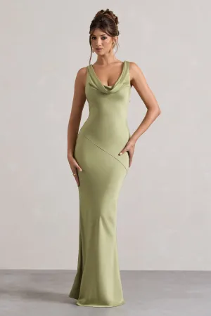 Alesso | Light Olive Satin Cowl-Neck Maxi Dress Club L London