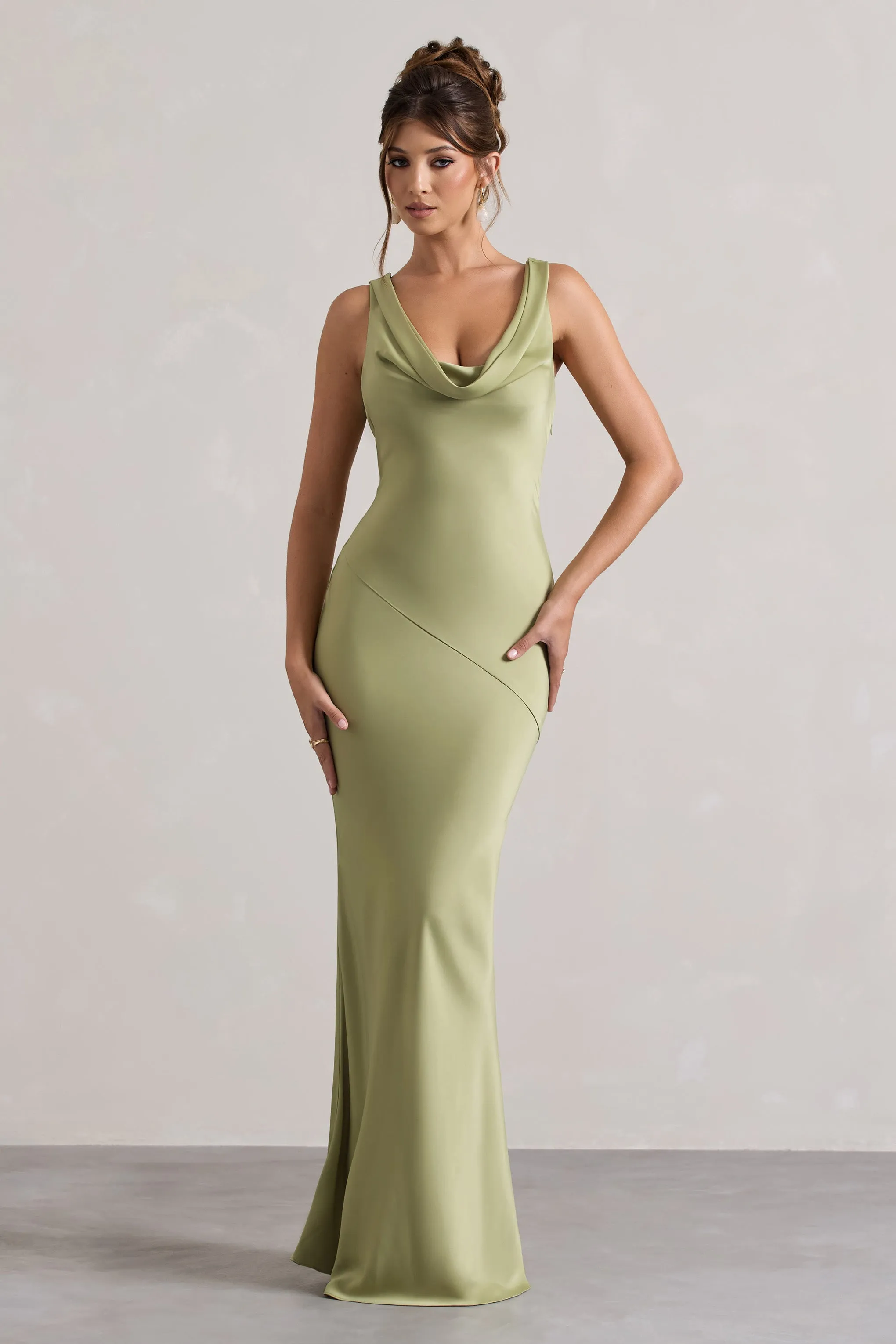 Alesso | Light Olive Satin Cowl-Neck Maxi Dress Club L London