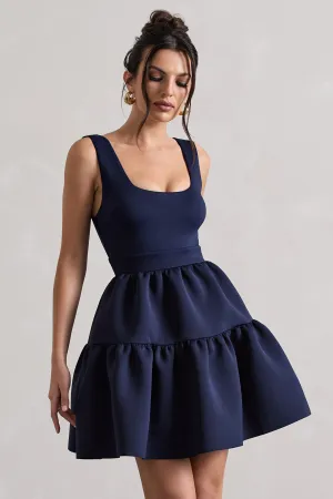Alia | Navy Scoop-Neck Tiered Volume Hem Mini Dress Club L London