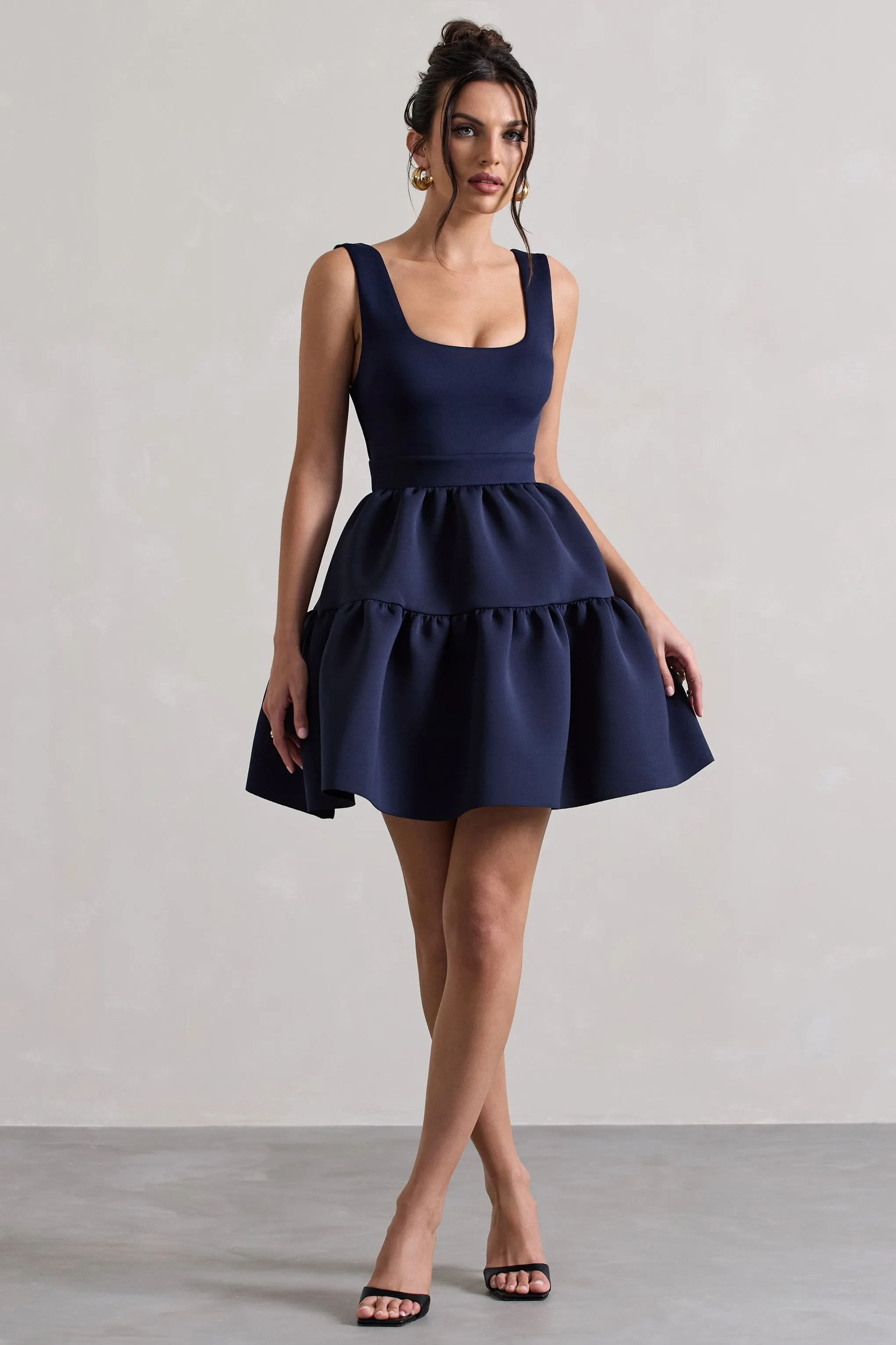 Alia | Navy Scoop-Neck Tiered Volume Hem Mini Dress Club L London
