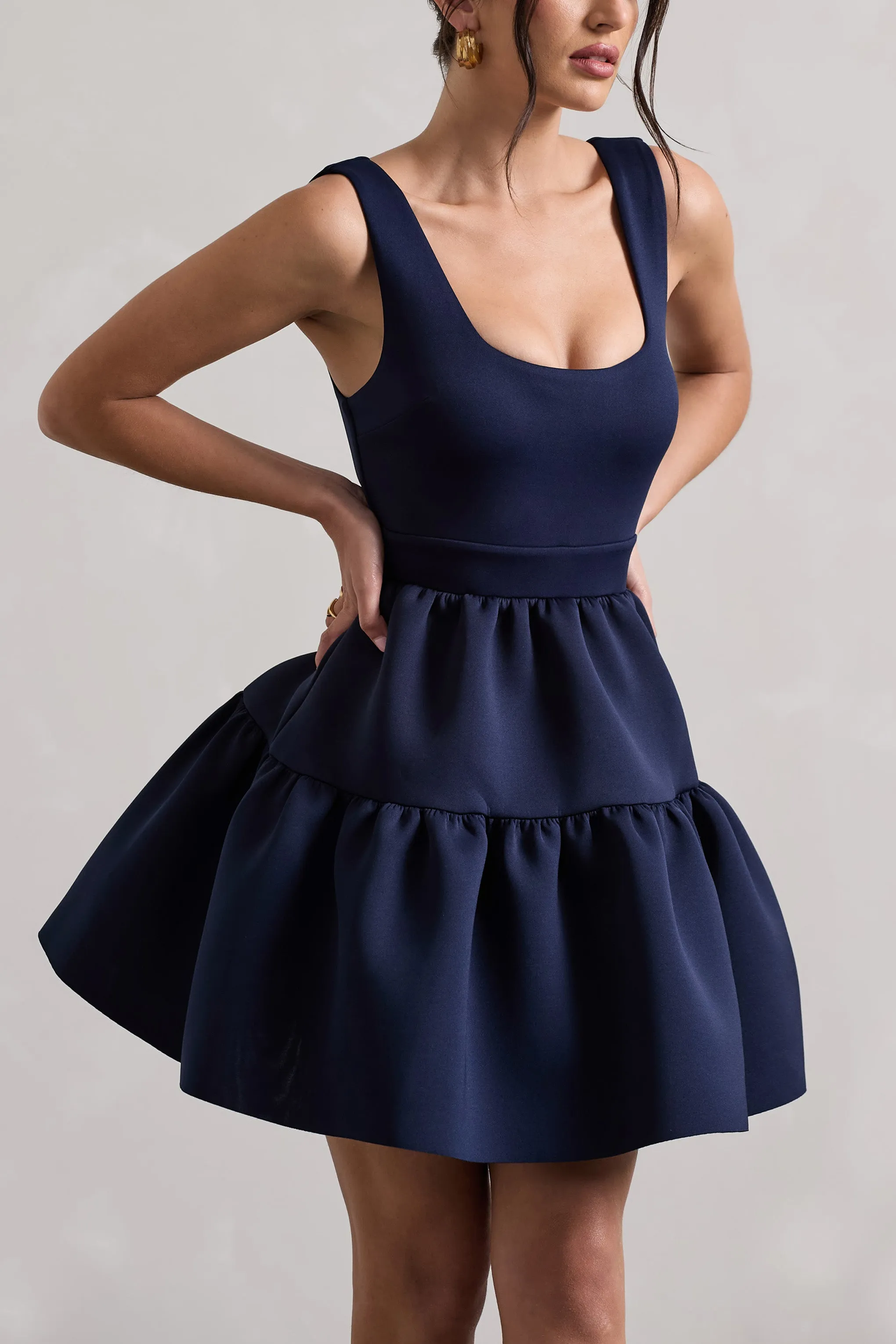 Alia | Navy Scoop-Neck Tiered Volume Hem Mini Dress Club L London