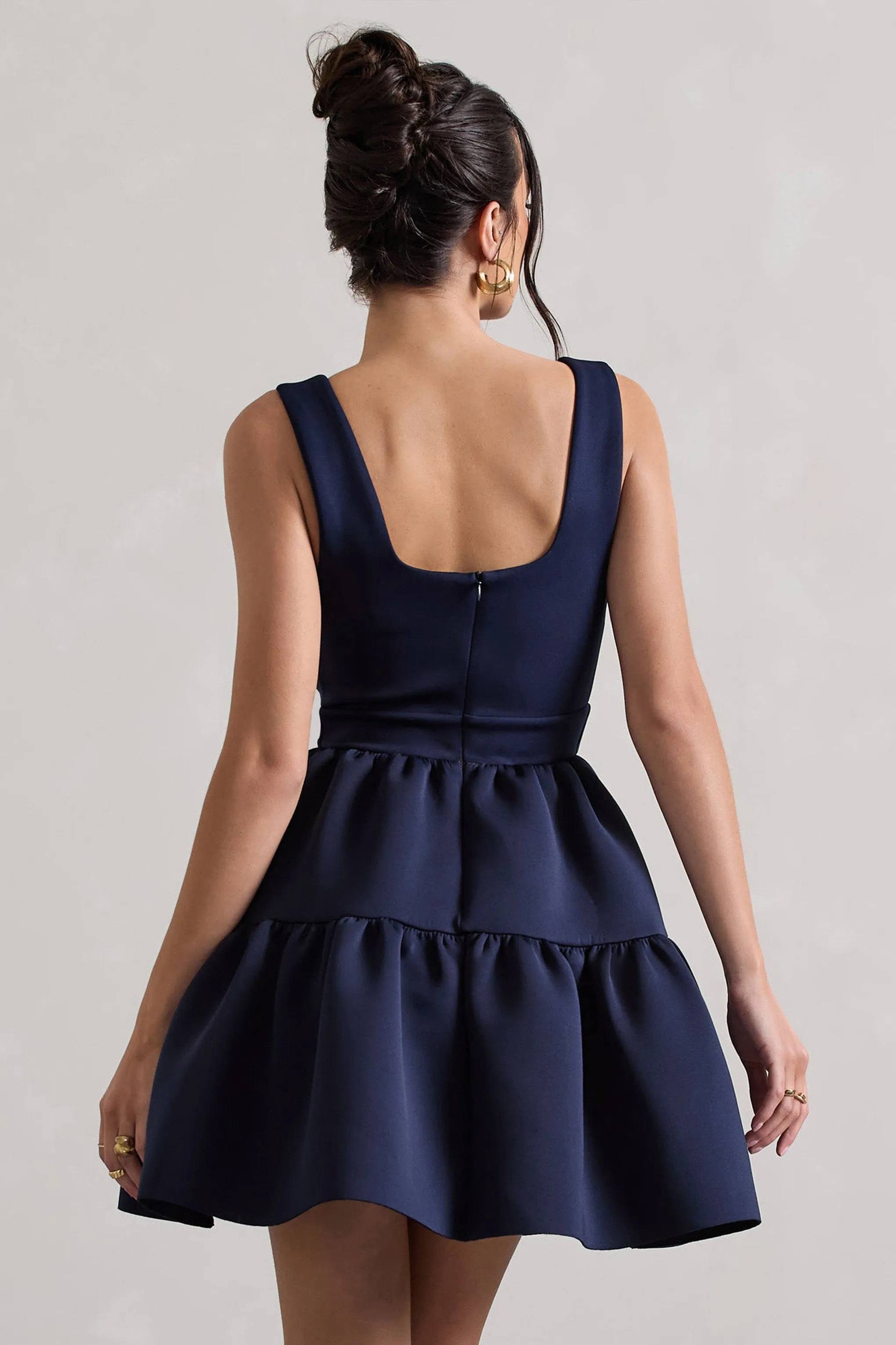 Alia | Navy Scoop-Neck Tiered Volume Hem Mini Dress Club L London