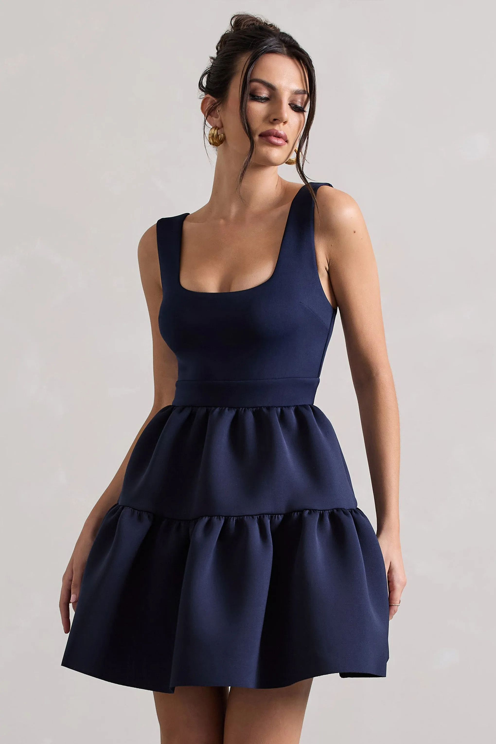 Alia | Navy Scoop-Neck Tiered Volume Hem Mini Dress Club L London