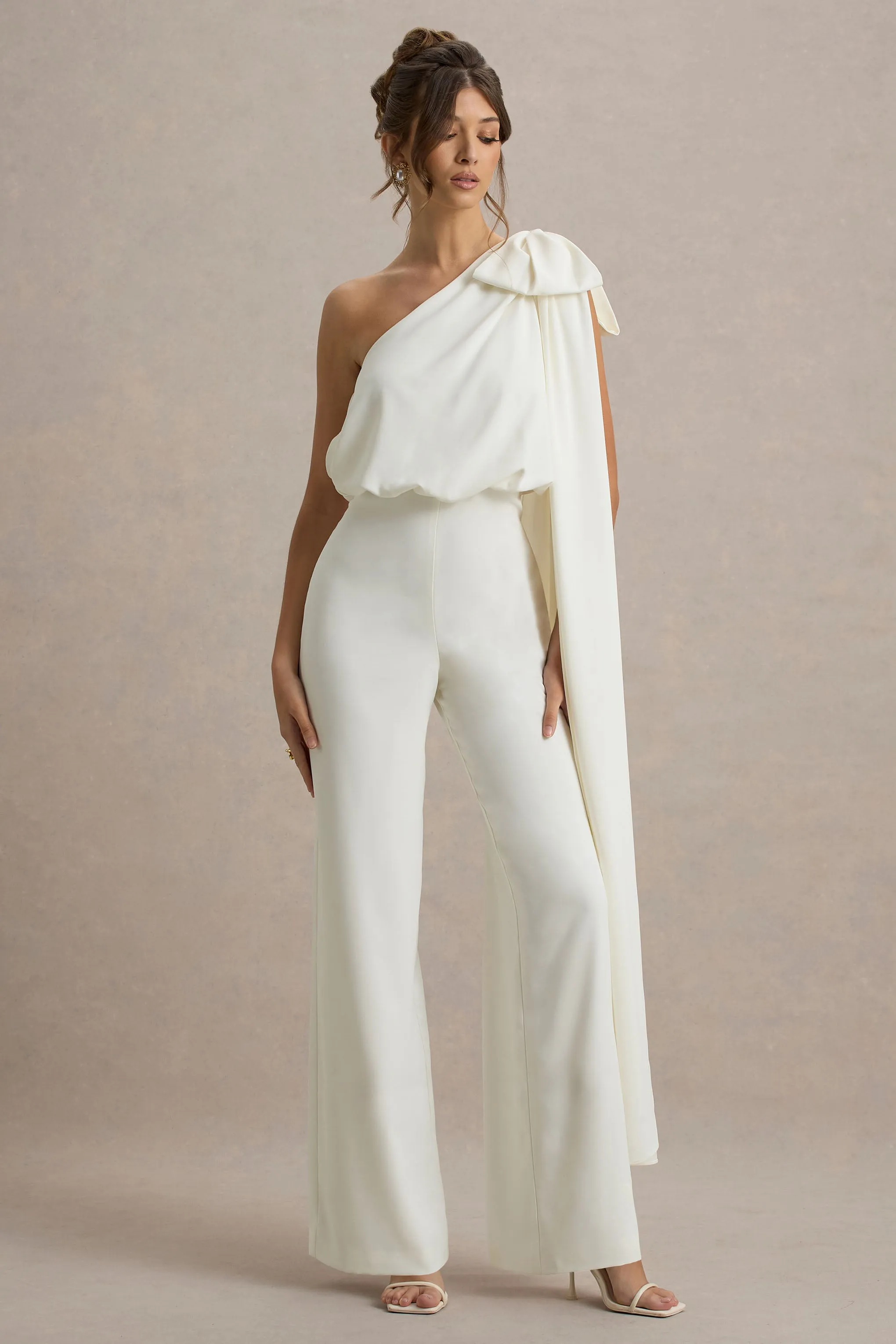 Alice | Cream Asymmetric Bow Shoulder Jumpsuit With Drape Club L London