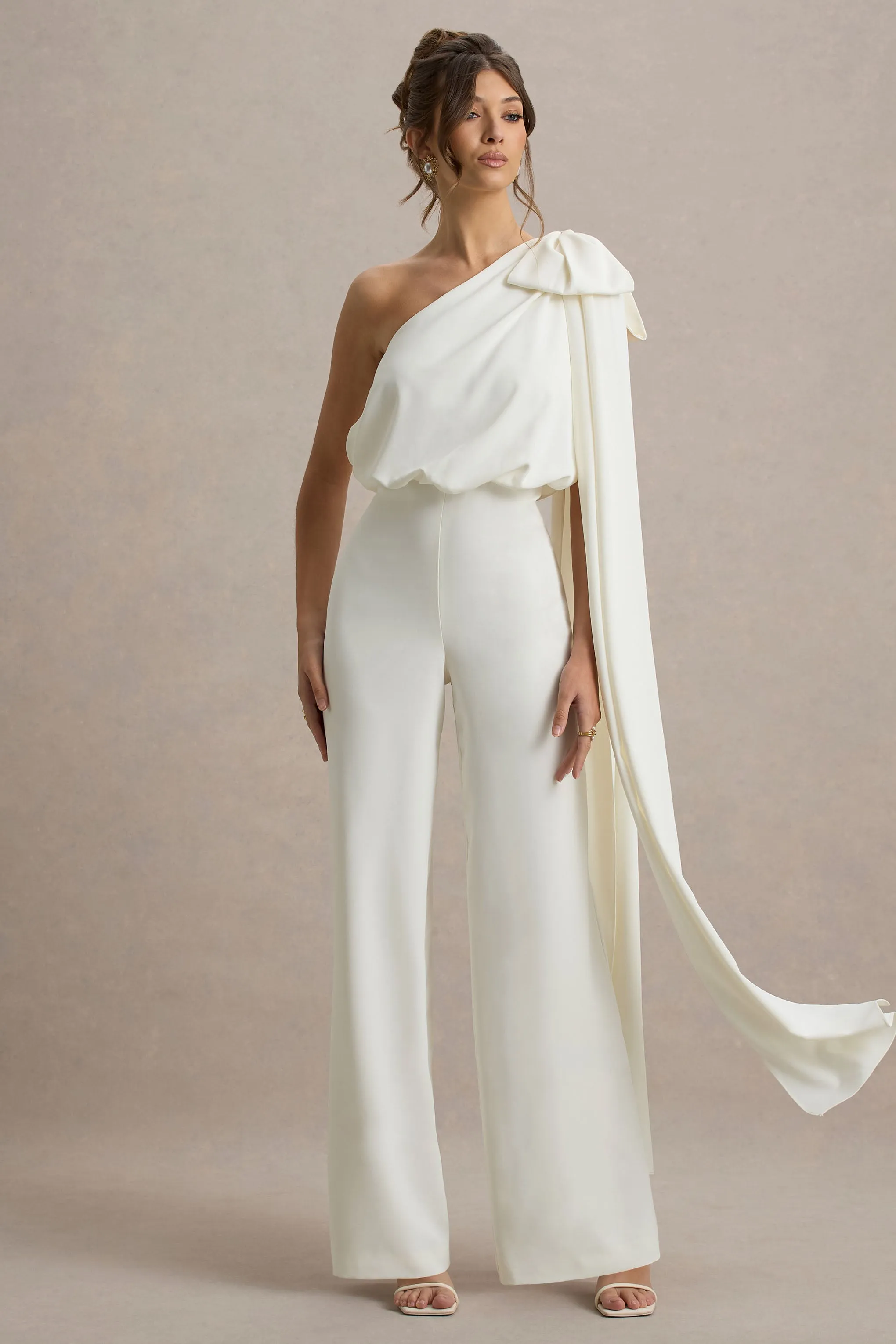 Alice | Cream Asymmetric Bow Shoulder Jumpsuit With Drape Club L London