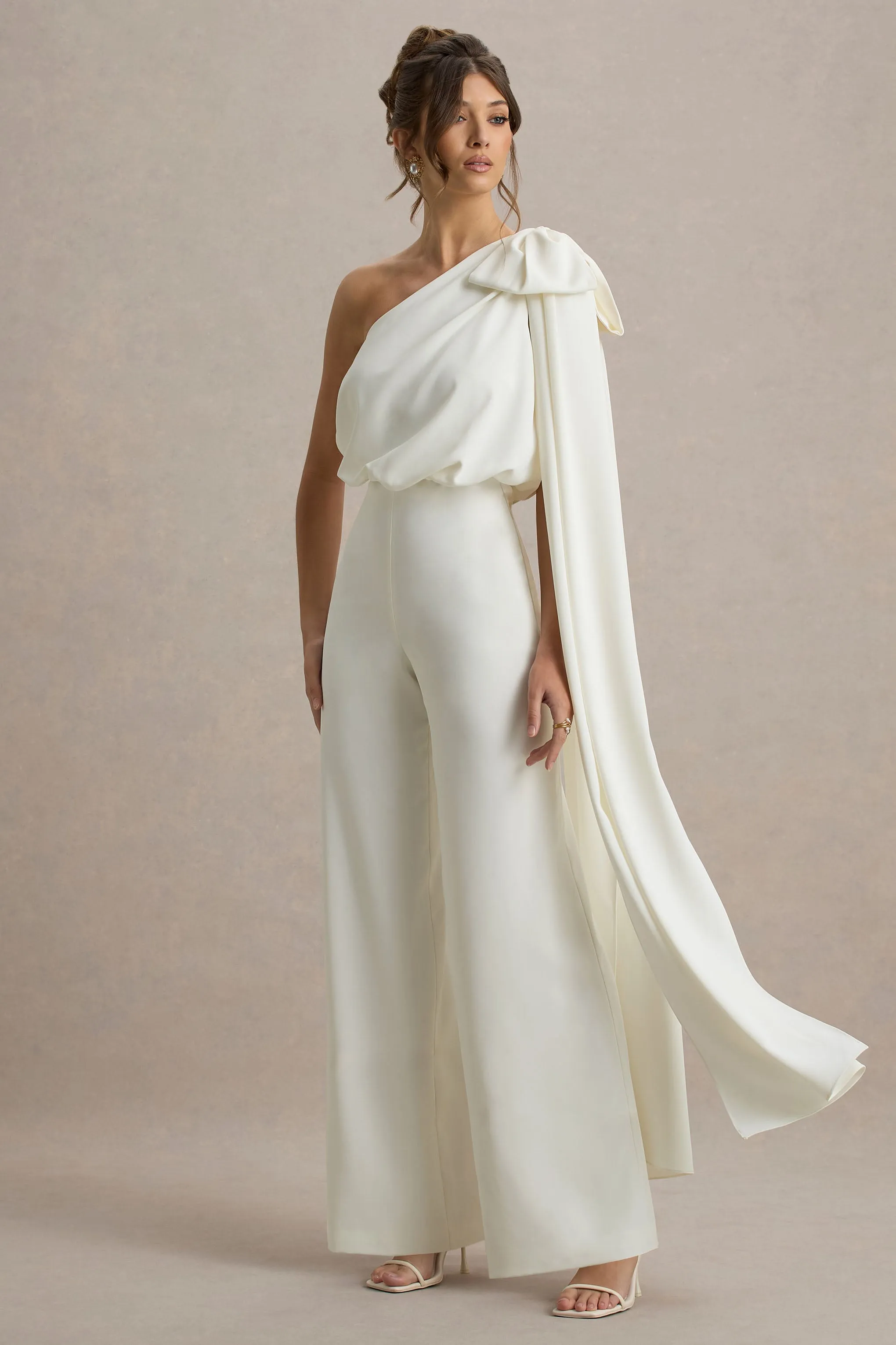 Alice | Cream Asymmetric Bow Shoulder Jumpsuit With Drape Club L London