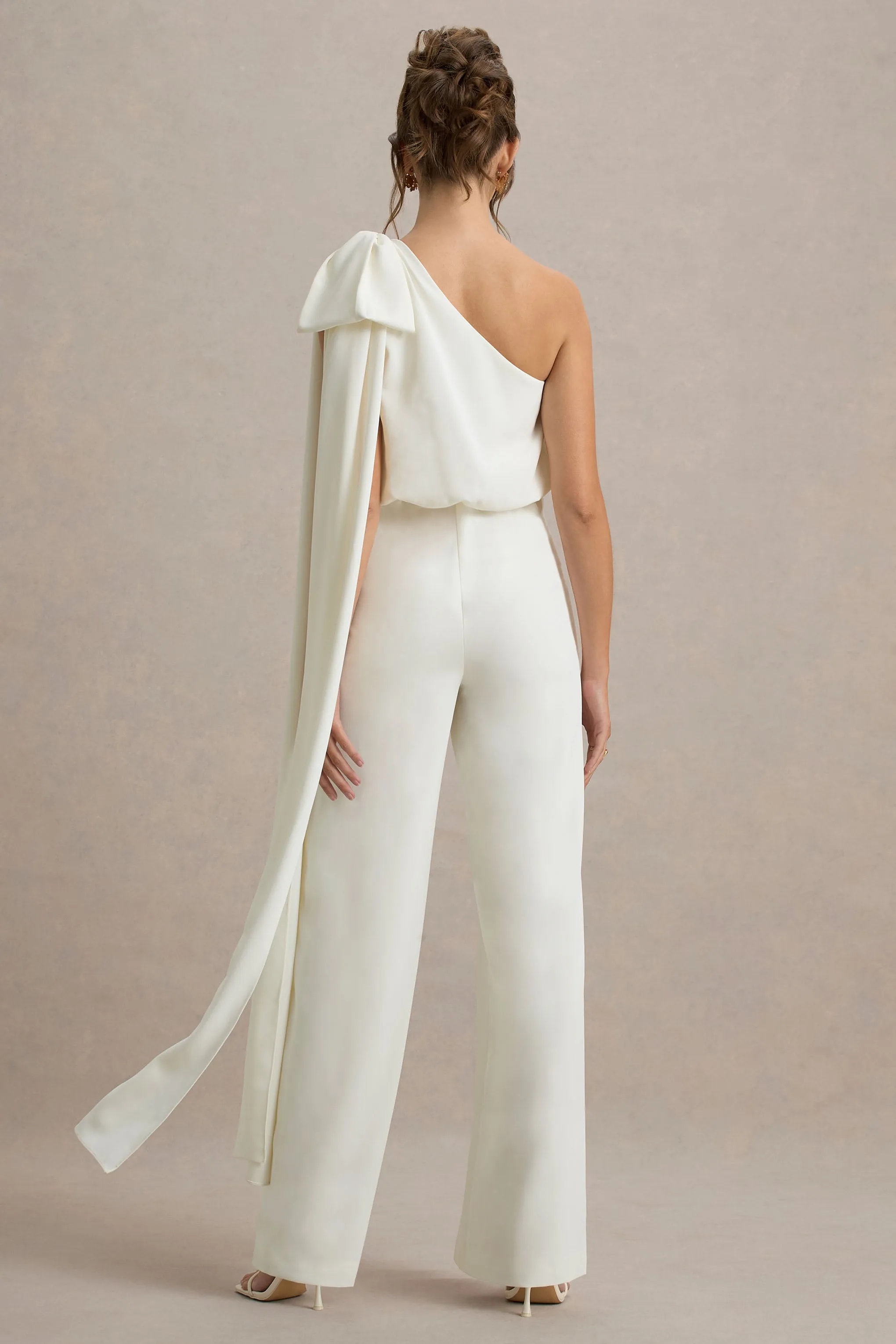 Alice | Cream Asymmetric Bow Shoulder Jumpsuit With Drape Club L London