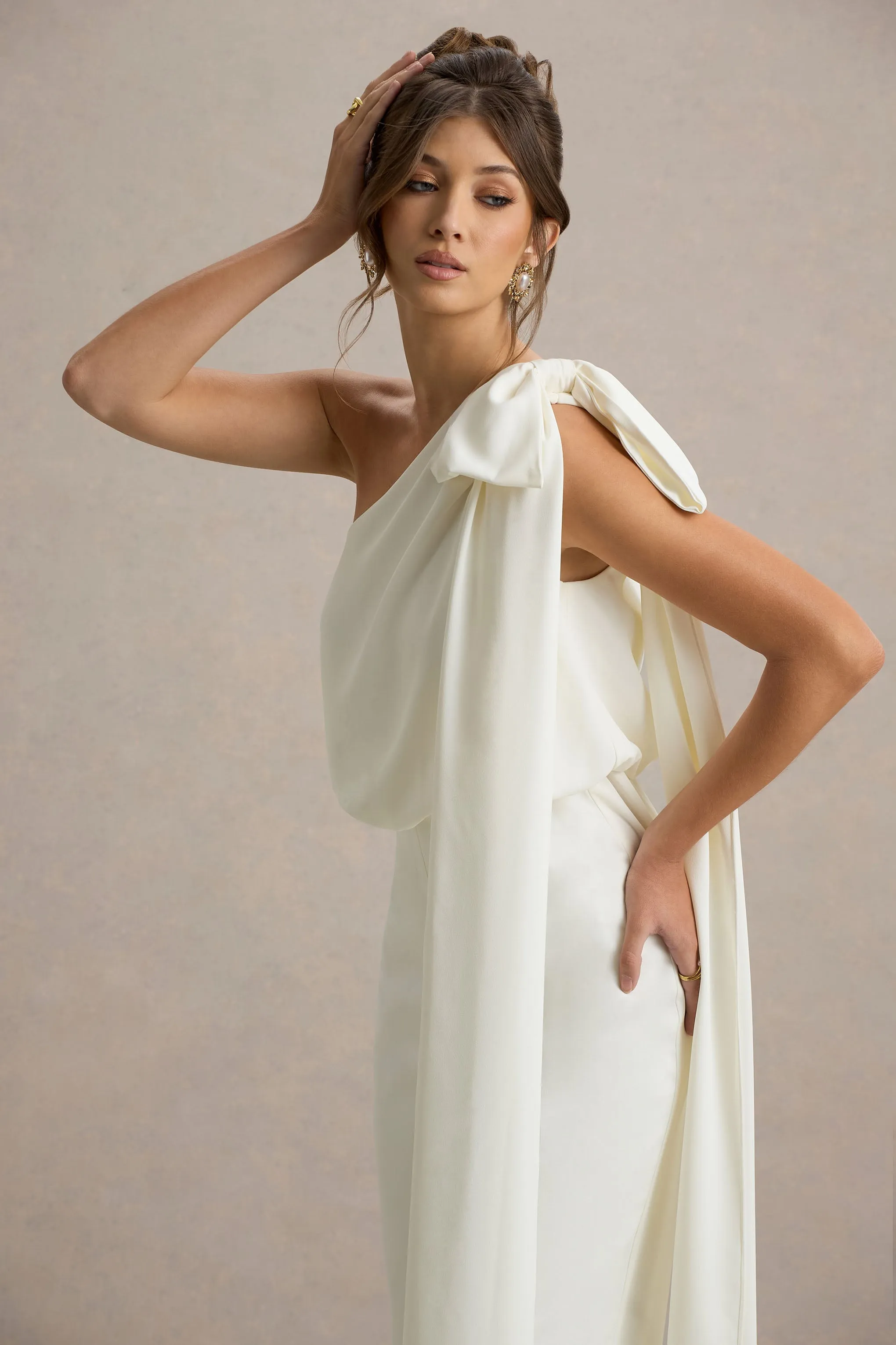 Alice | Cream Asymmetric Bow Shoulder Jumpsuit With Drape Club L London