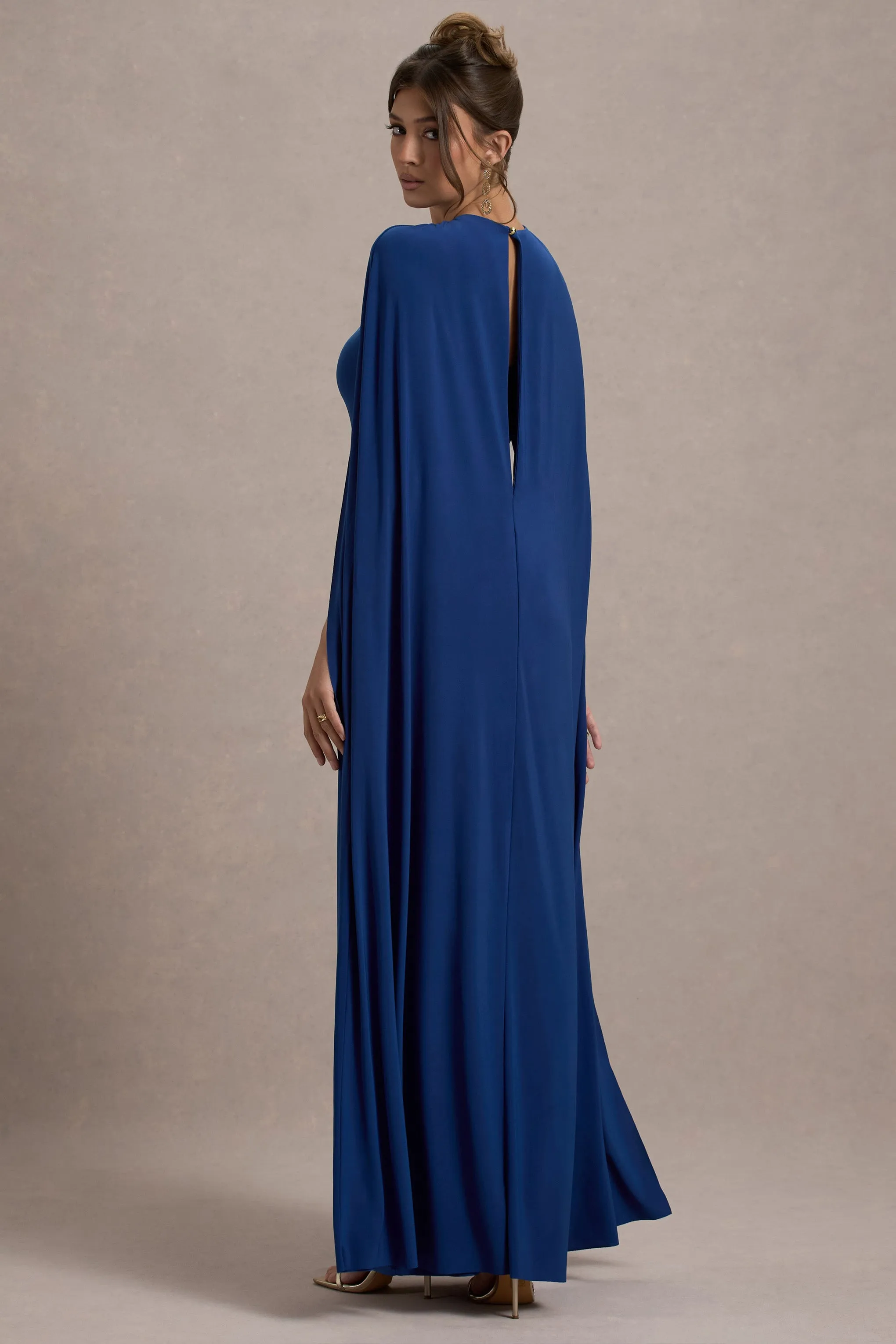 Aliza | Royal Blue Cape Maxi Dress With Gold Ring Club L London
