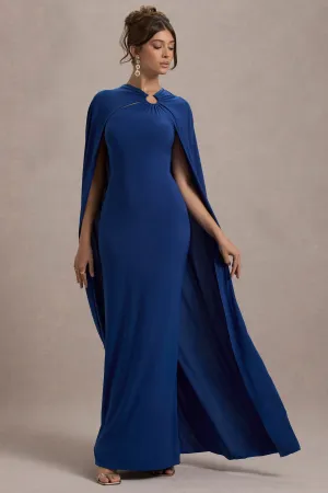 Aliza | Royal Blue Cape Maxi Dress With Gold Ring Club L London