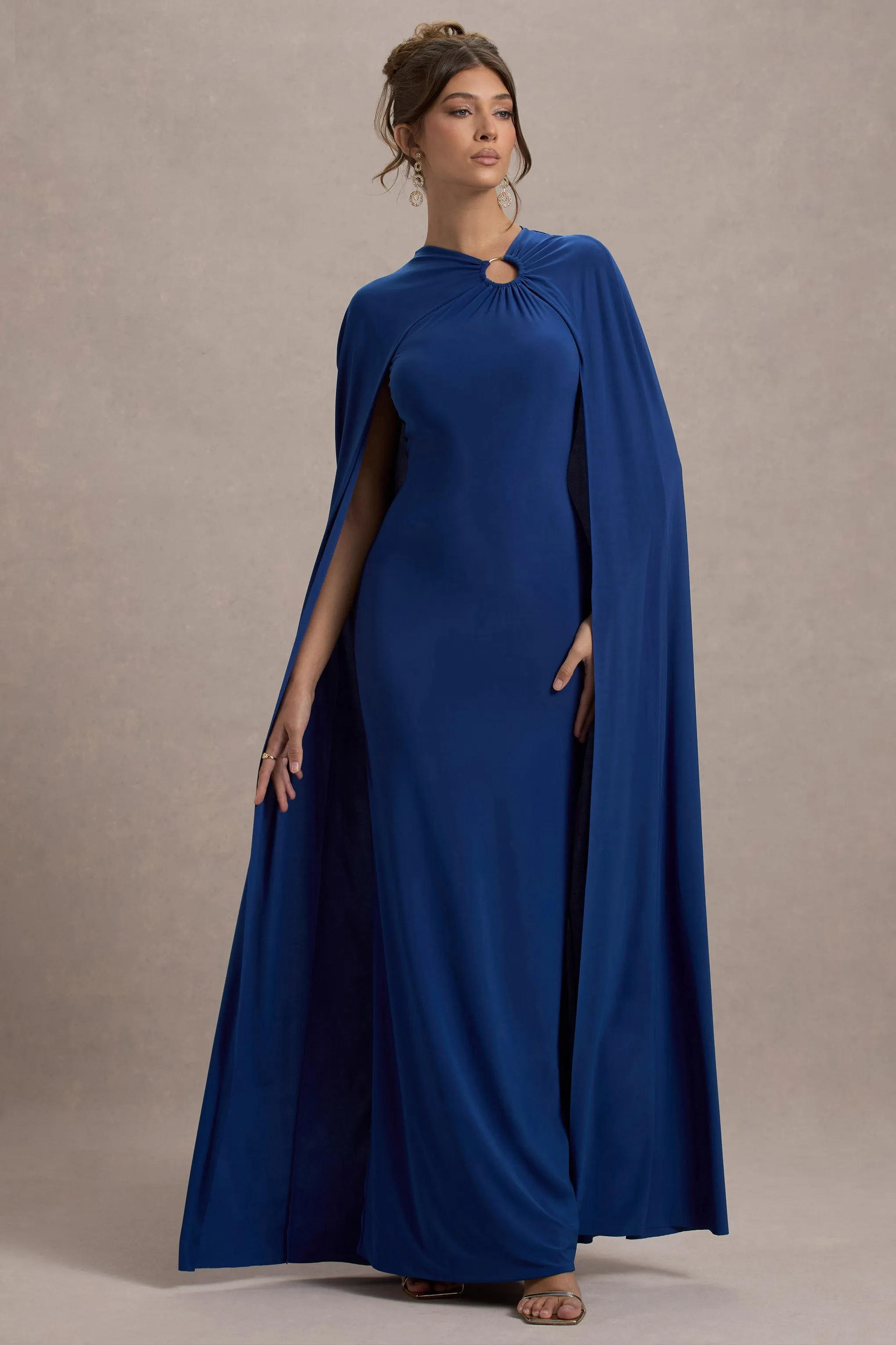 Aliza | Royal Blue Cape Maxi Dress With Gold Ring Club L London