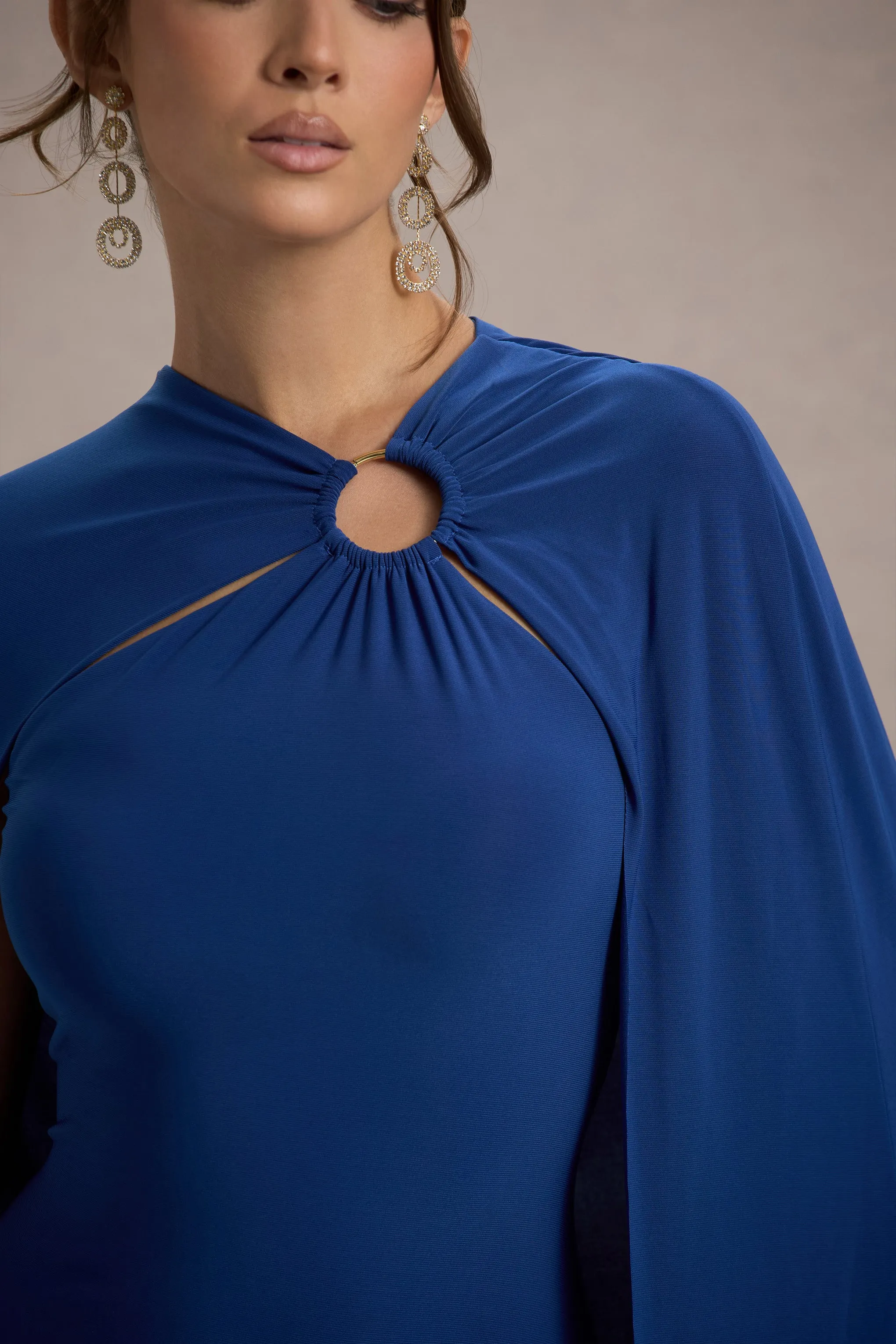 Aliza | Royal Blue Cape Maxi Dress With Gold Ring Club L London