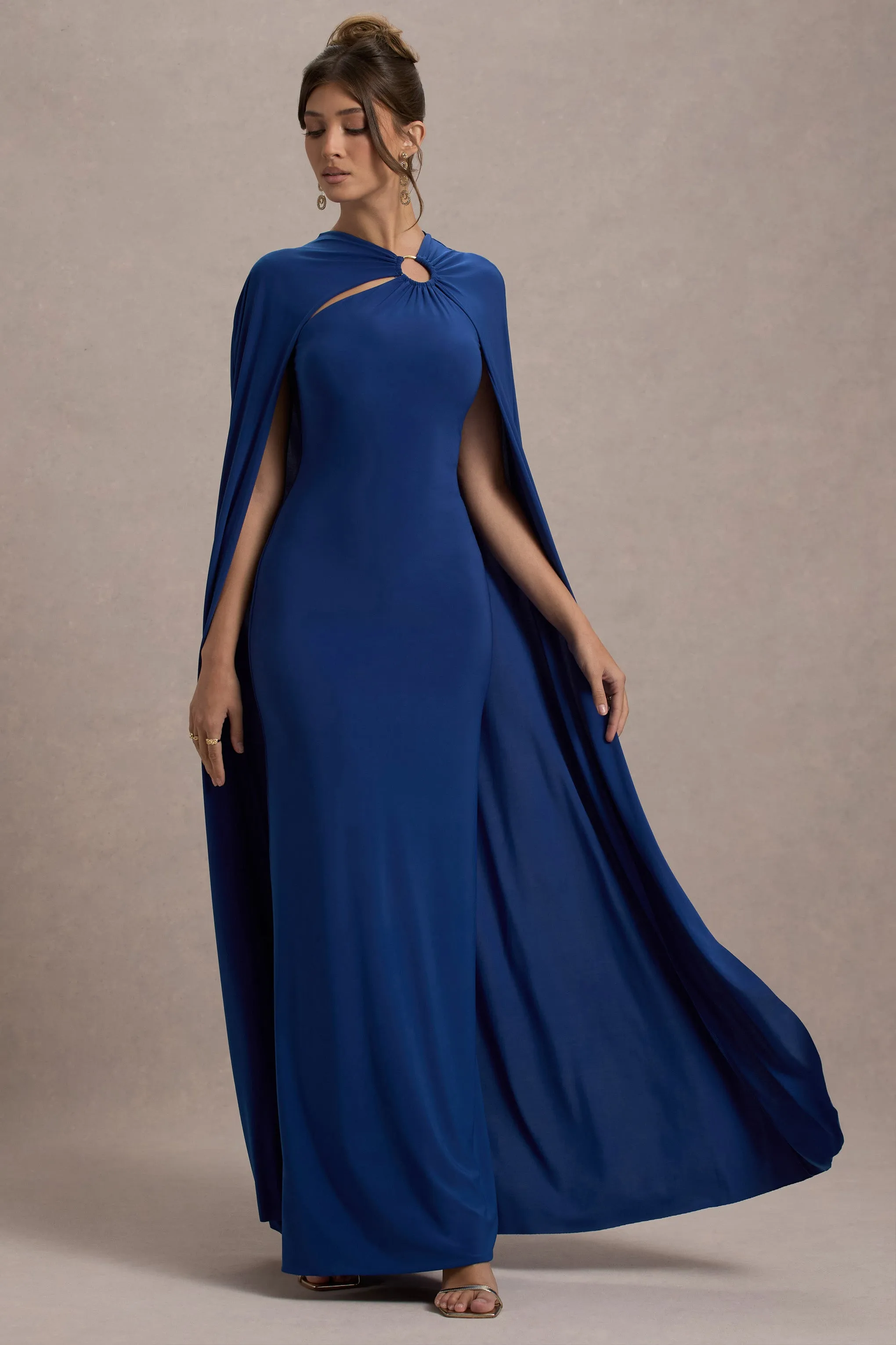Aliza | Royal Blue Cape Maxi Dress With Gold Ring Club L London