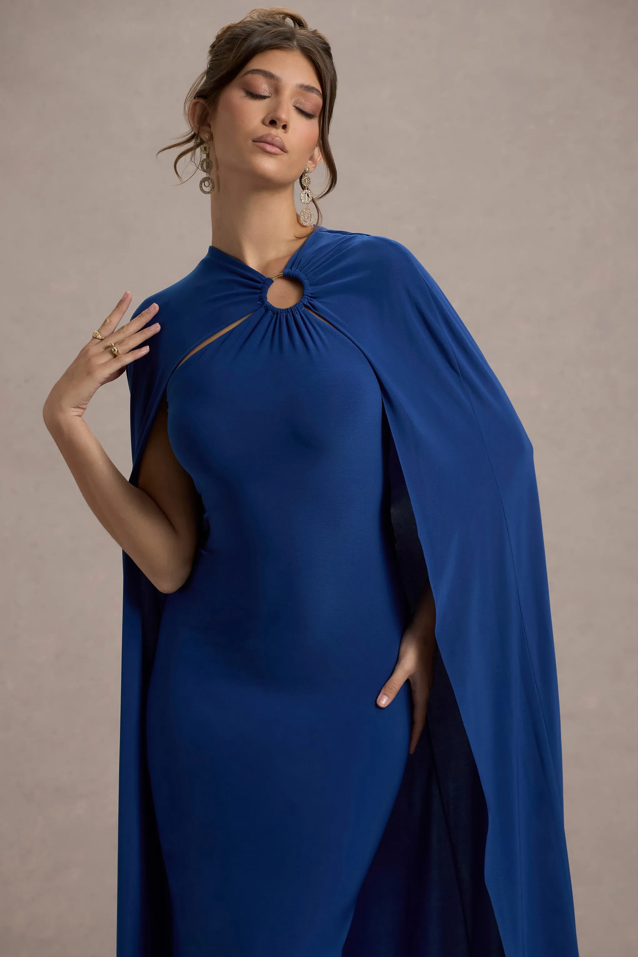 Aliza | Royal Blue Cape Maxi Dress With Gold Ring Club L London