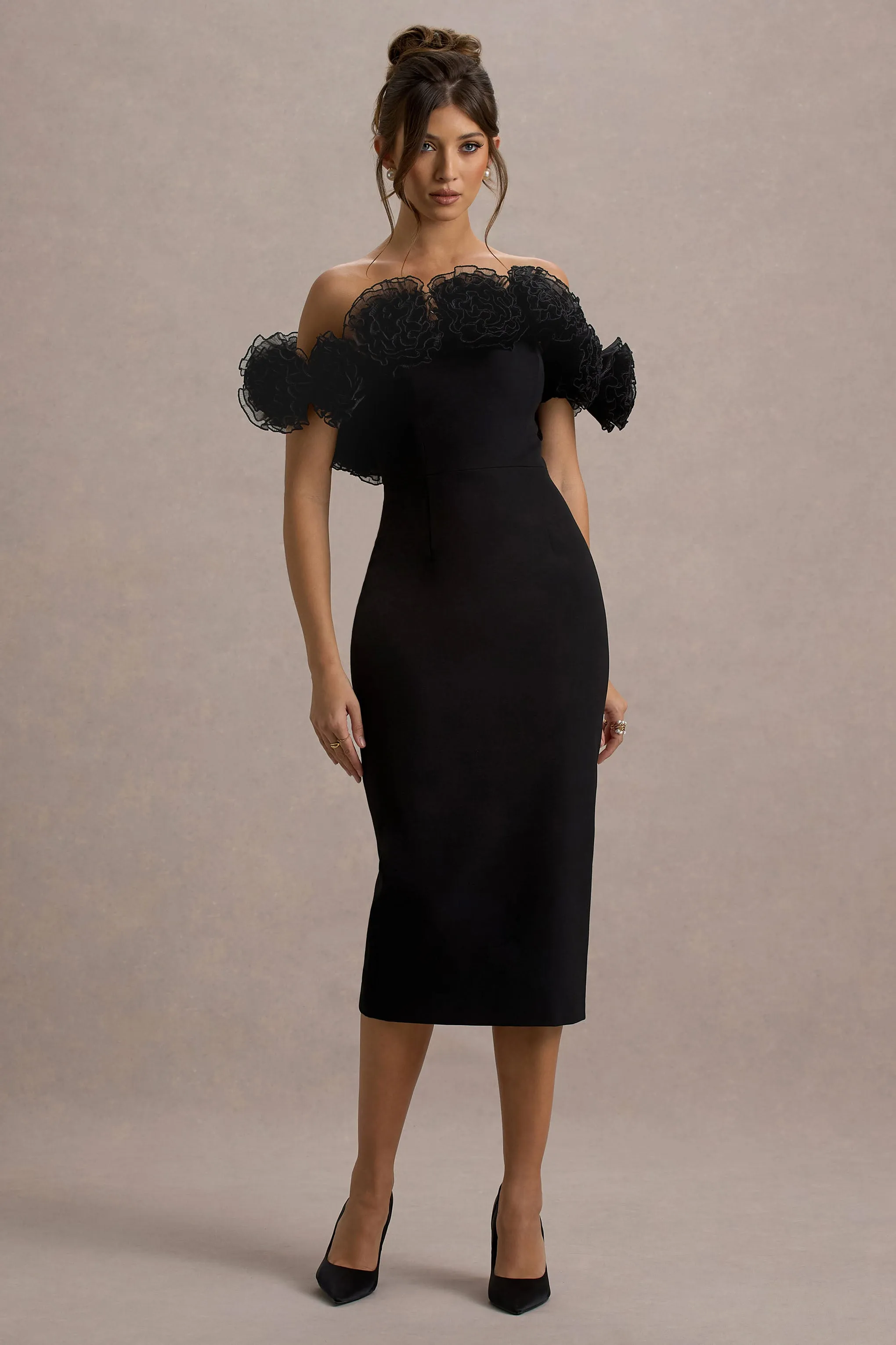 Alizzi | Black Bardot Midi Dress With Ruffle Trim Club L London