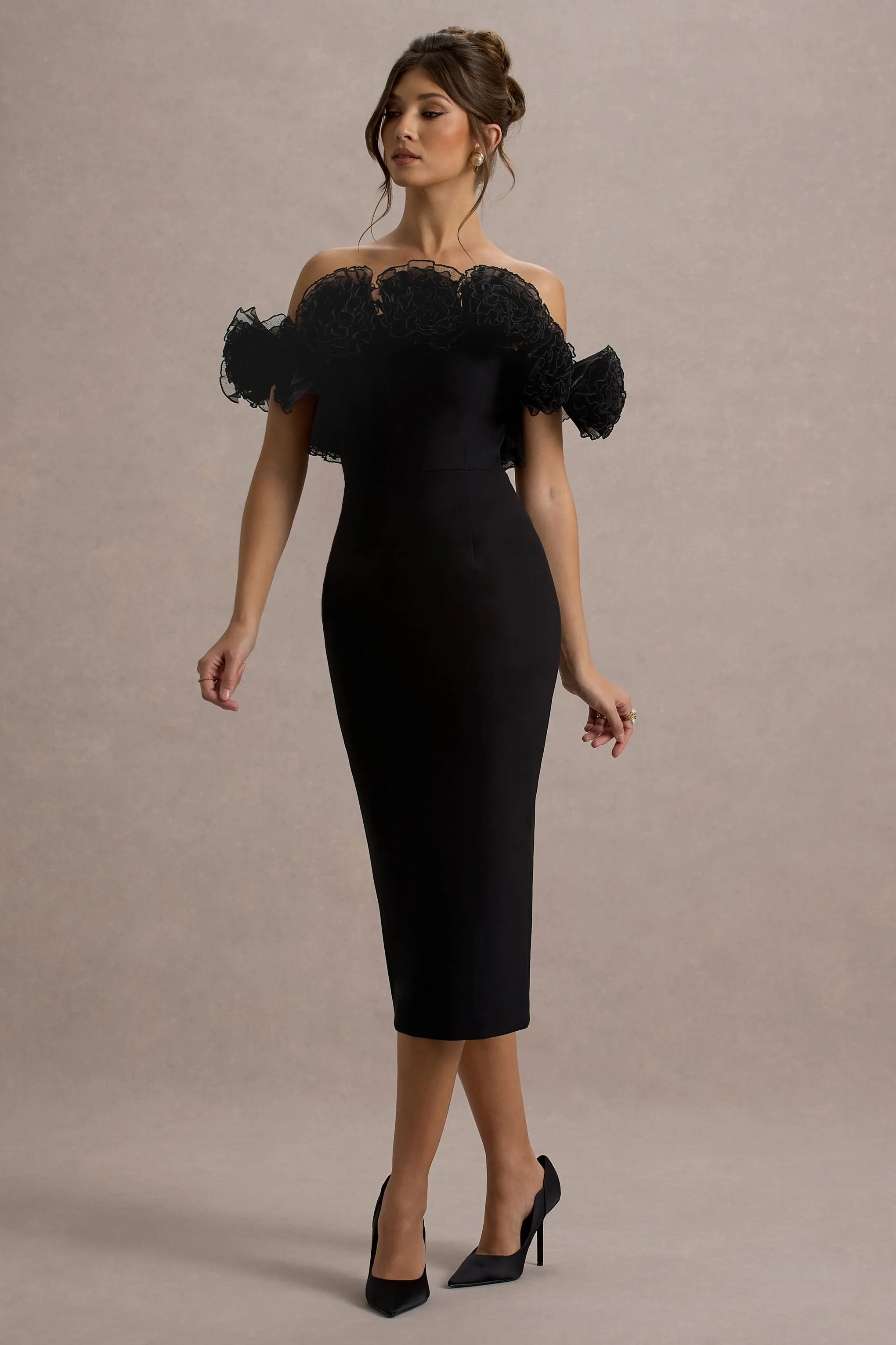 Alizzi | Black Bardot Midi Dress With Ruffle Trim Club L London